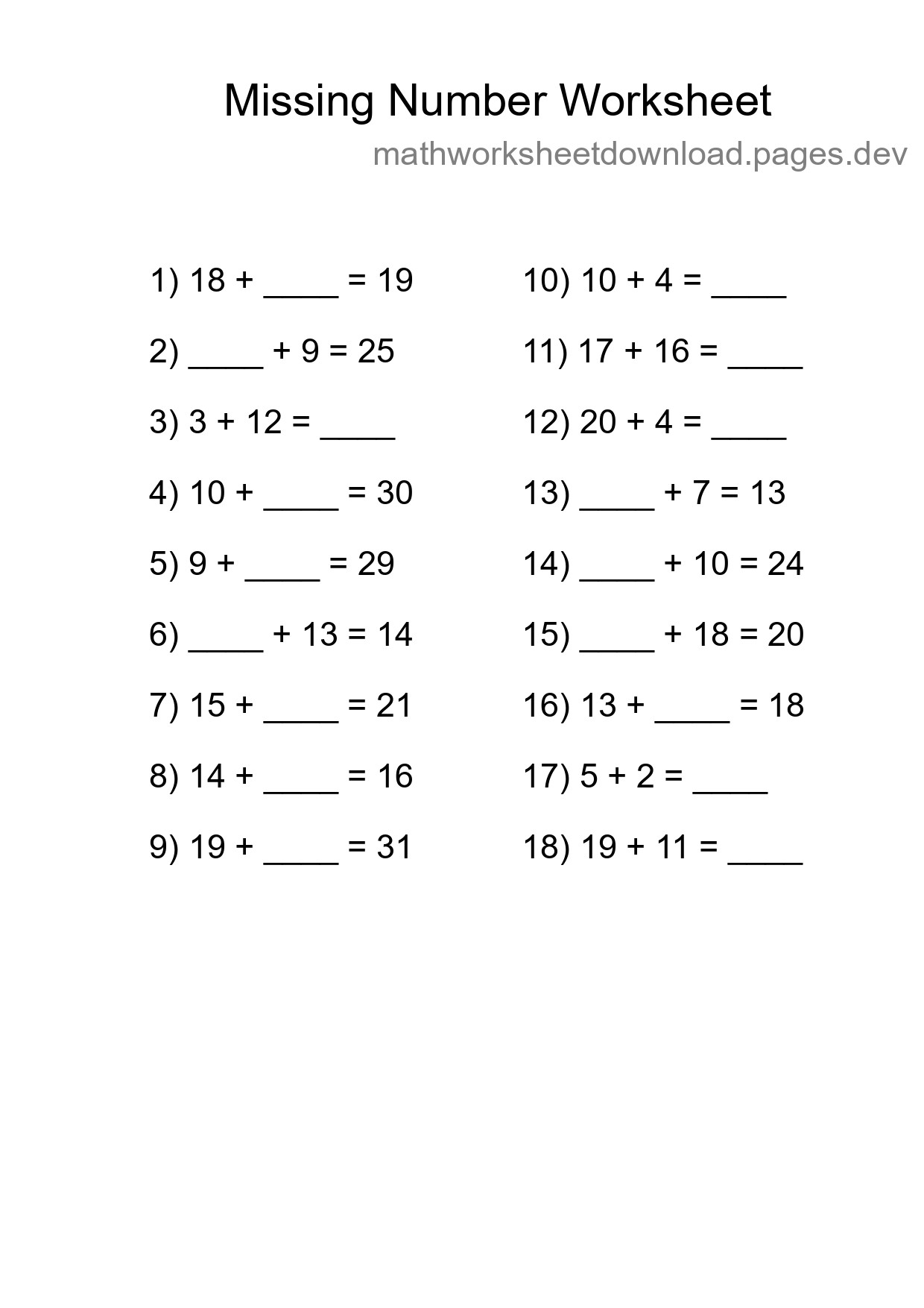 Missing Number Math Worksheet