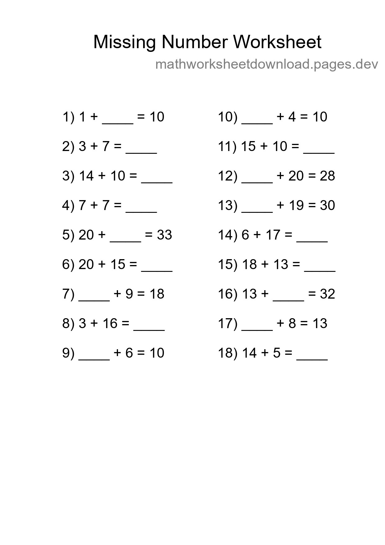 Missing Number Math Worksheet
