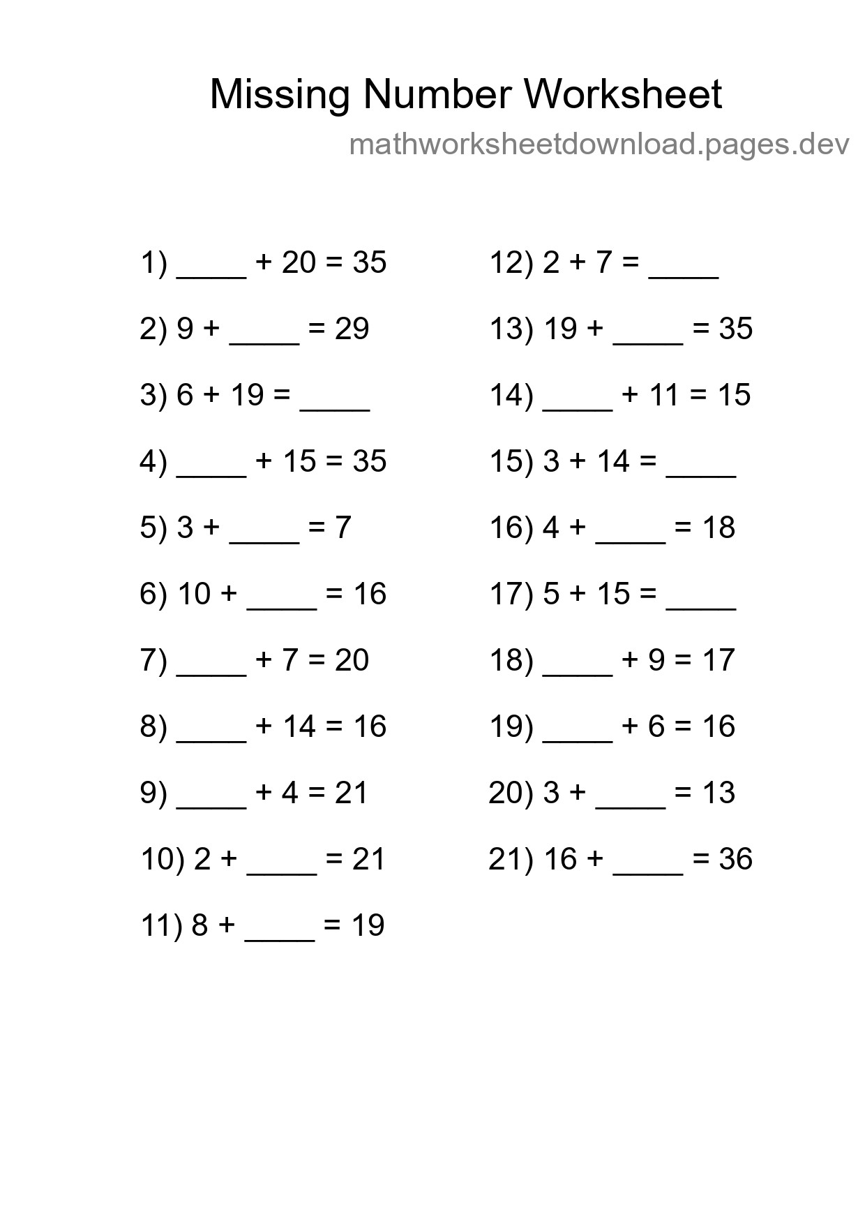 Missing Number Math Worksheet