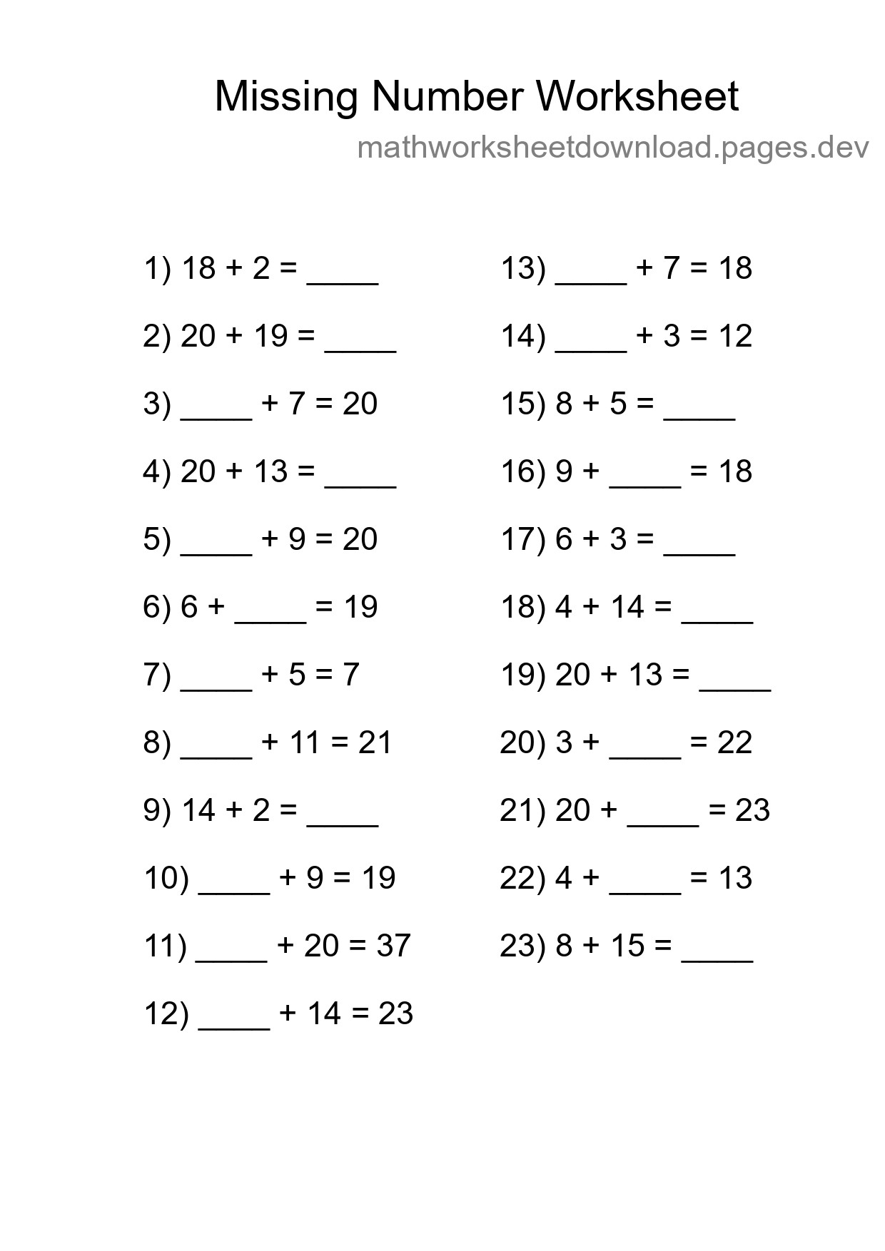 Missing Number Math Worksheet