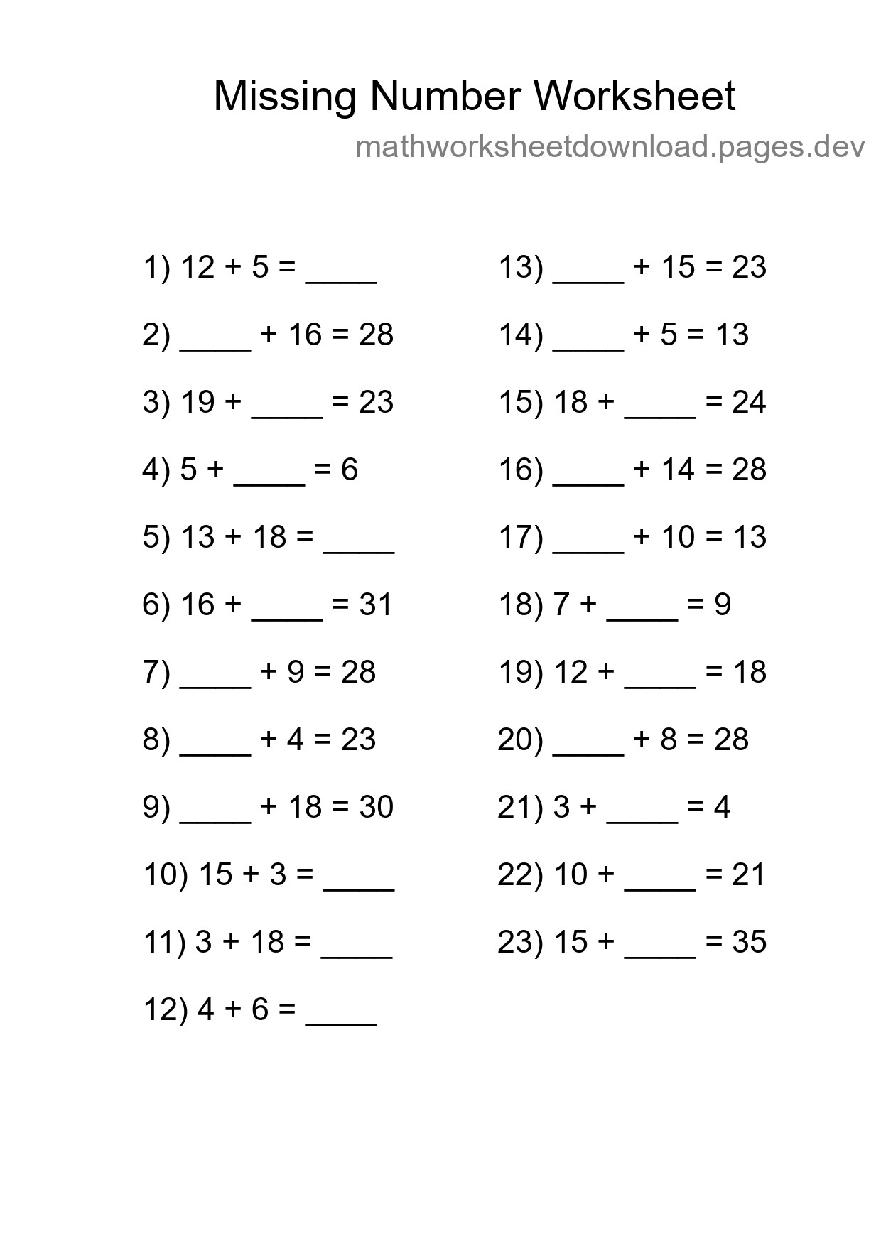 Missing Number Math Worksheet