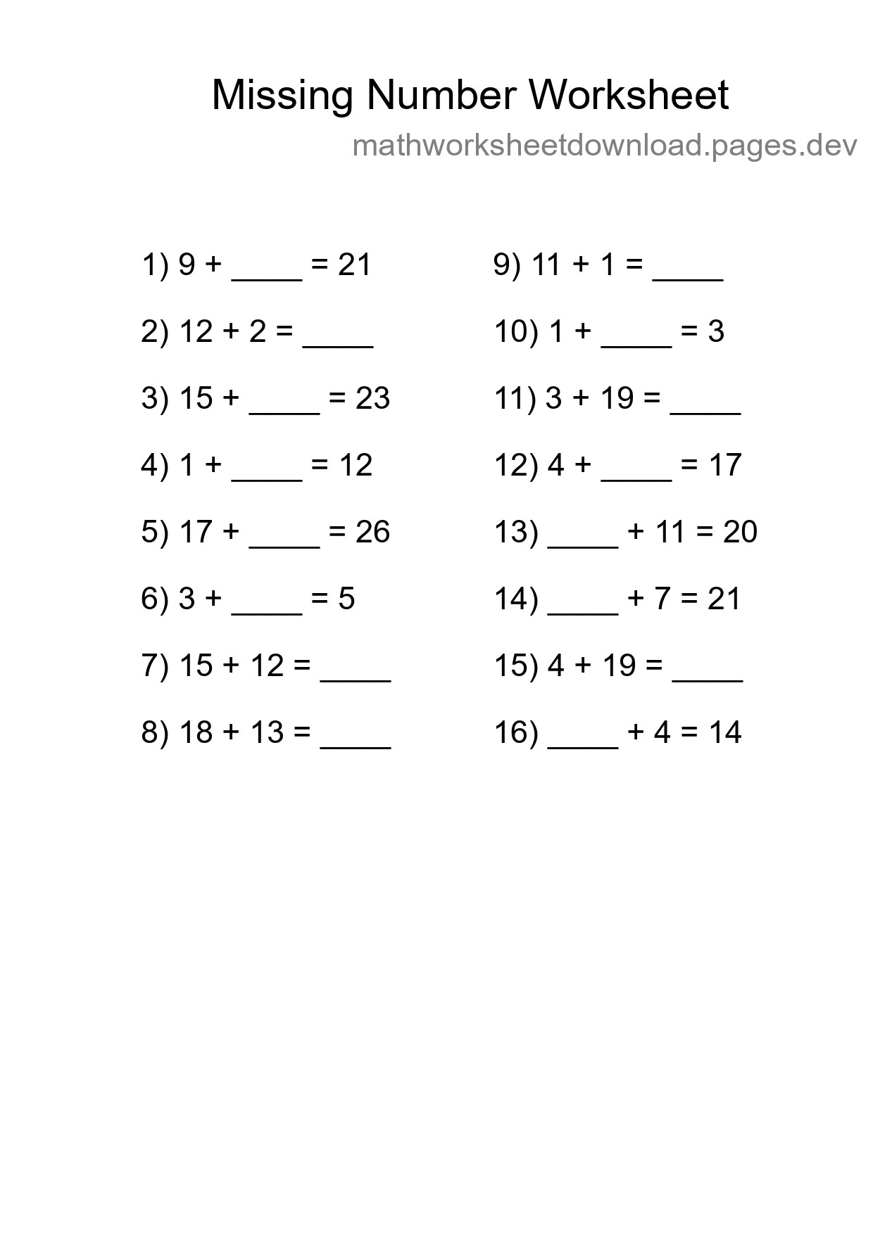 Missing Number Math Worksheet