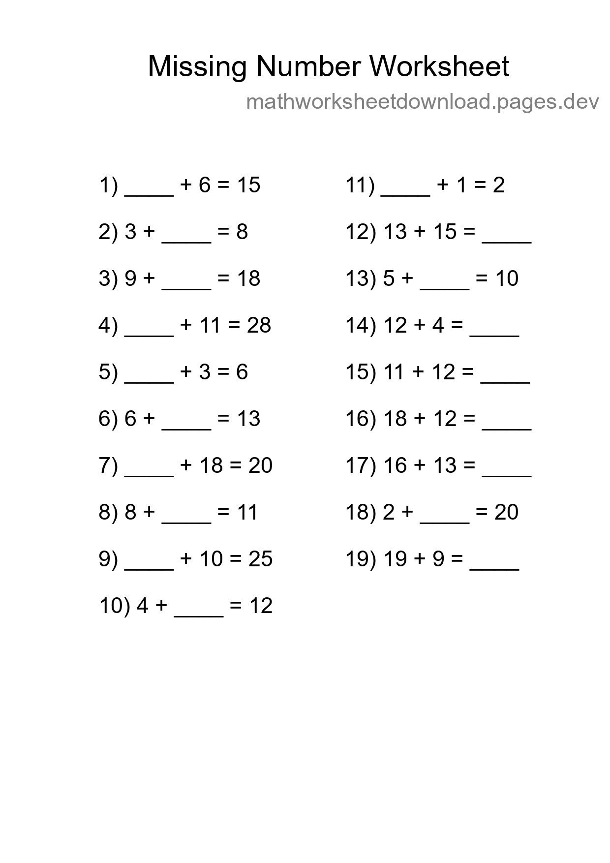Missing Number Math Worksheet