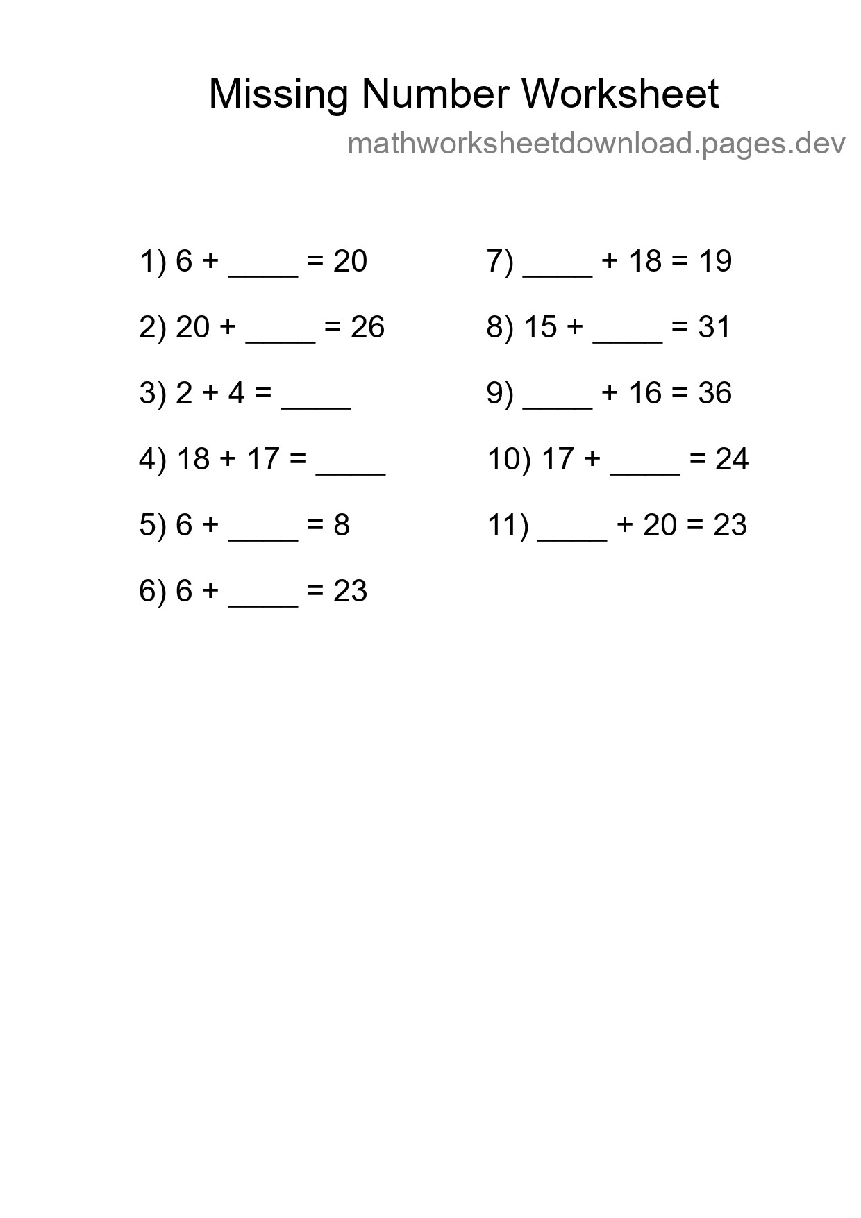 Missing Number Math Worksheet