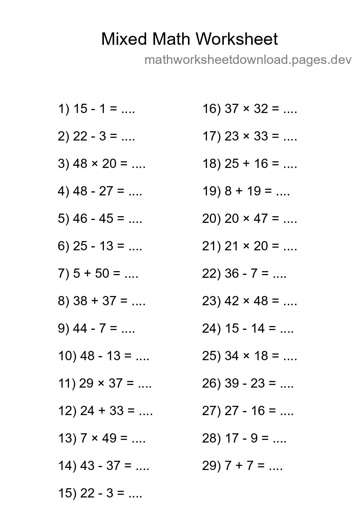 Mixed Operations Math Worksheet