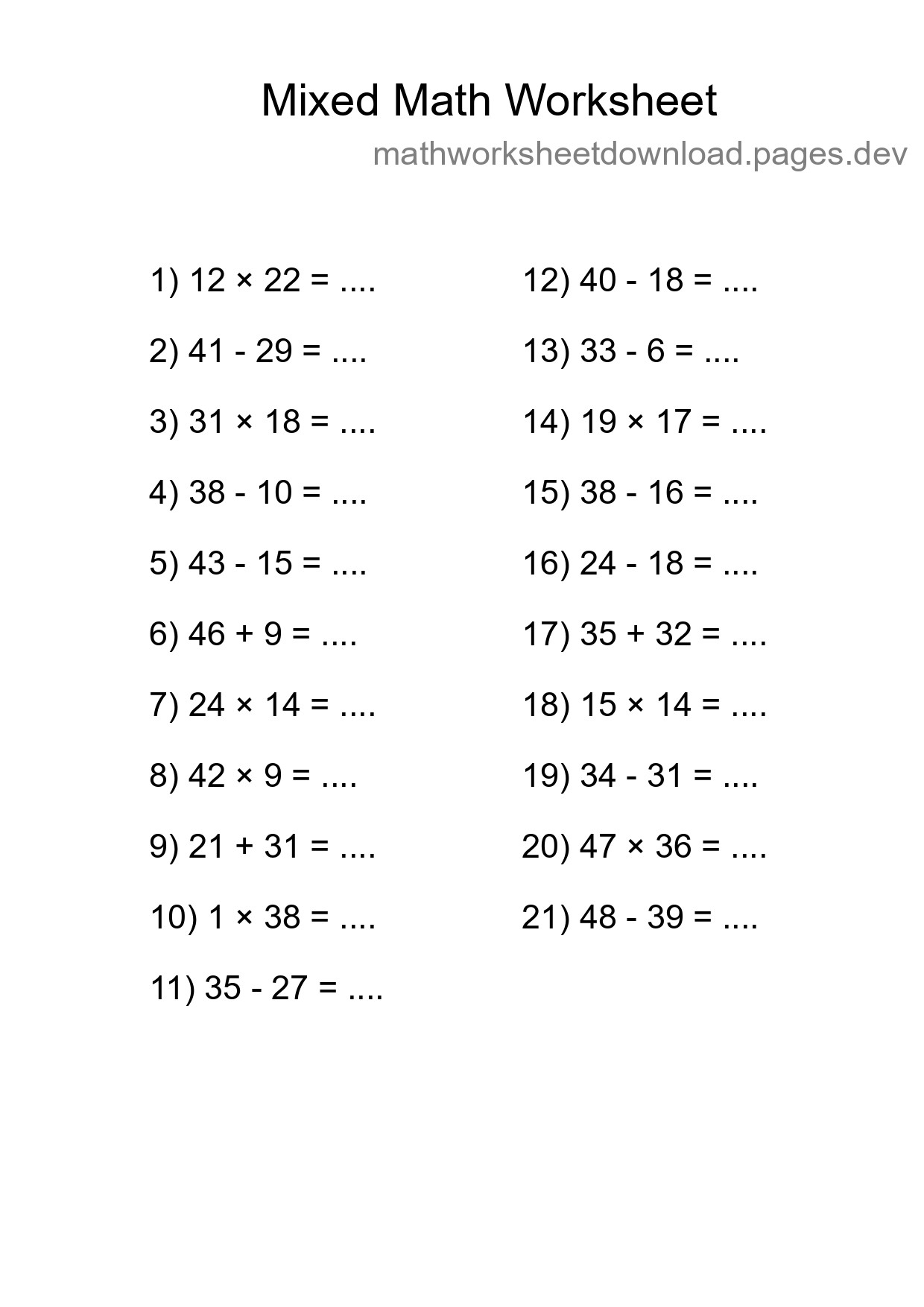 Mixed Operations Math Worksheet