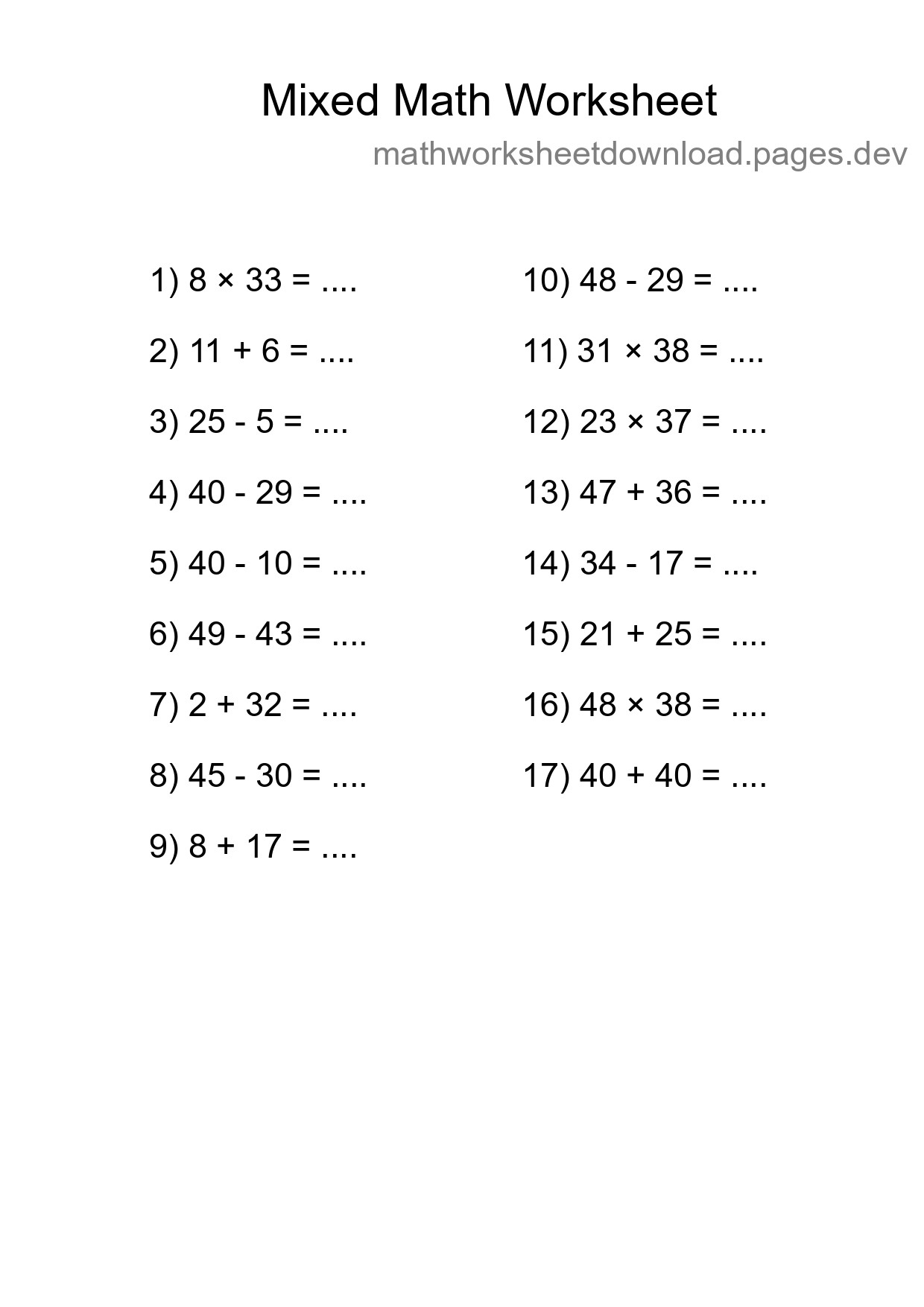 Mixed Operations Math Worksheet