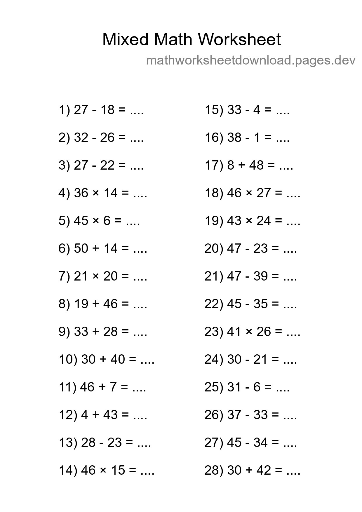 Mixed Operations Math Worksheet