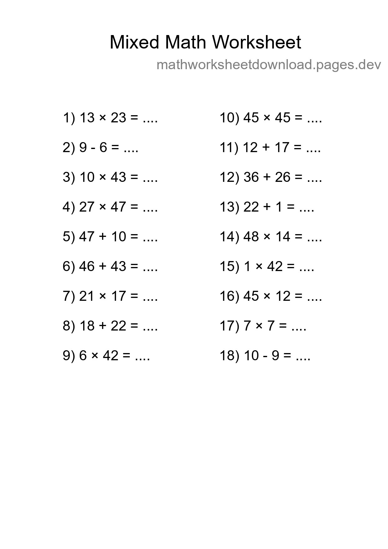 Mixed Operations Math Worksheet