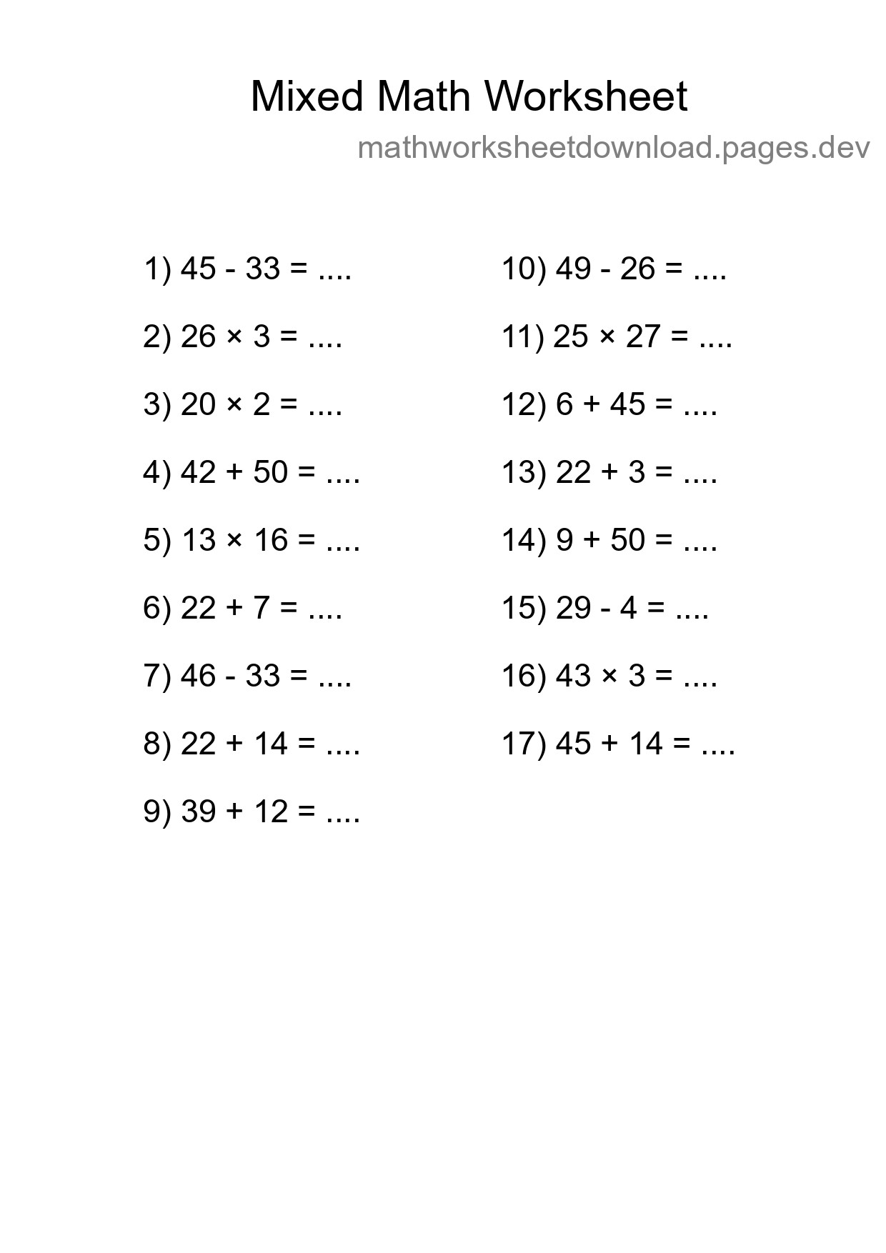 Mixed Operations Math Worksheet
