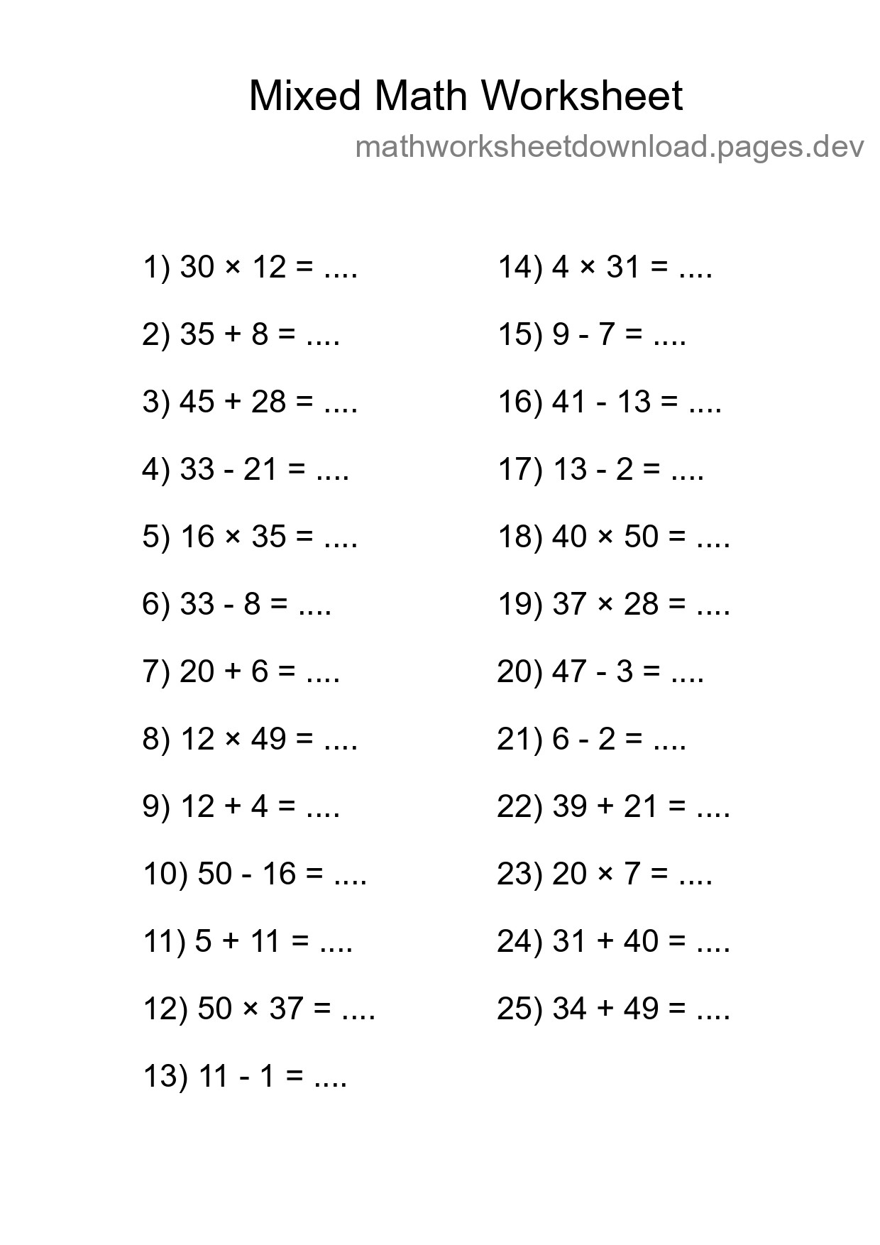 Mixed Operations Math Worksheet