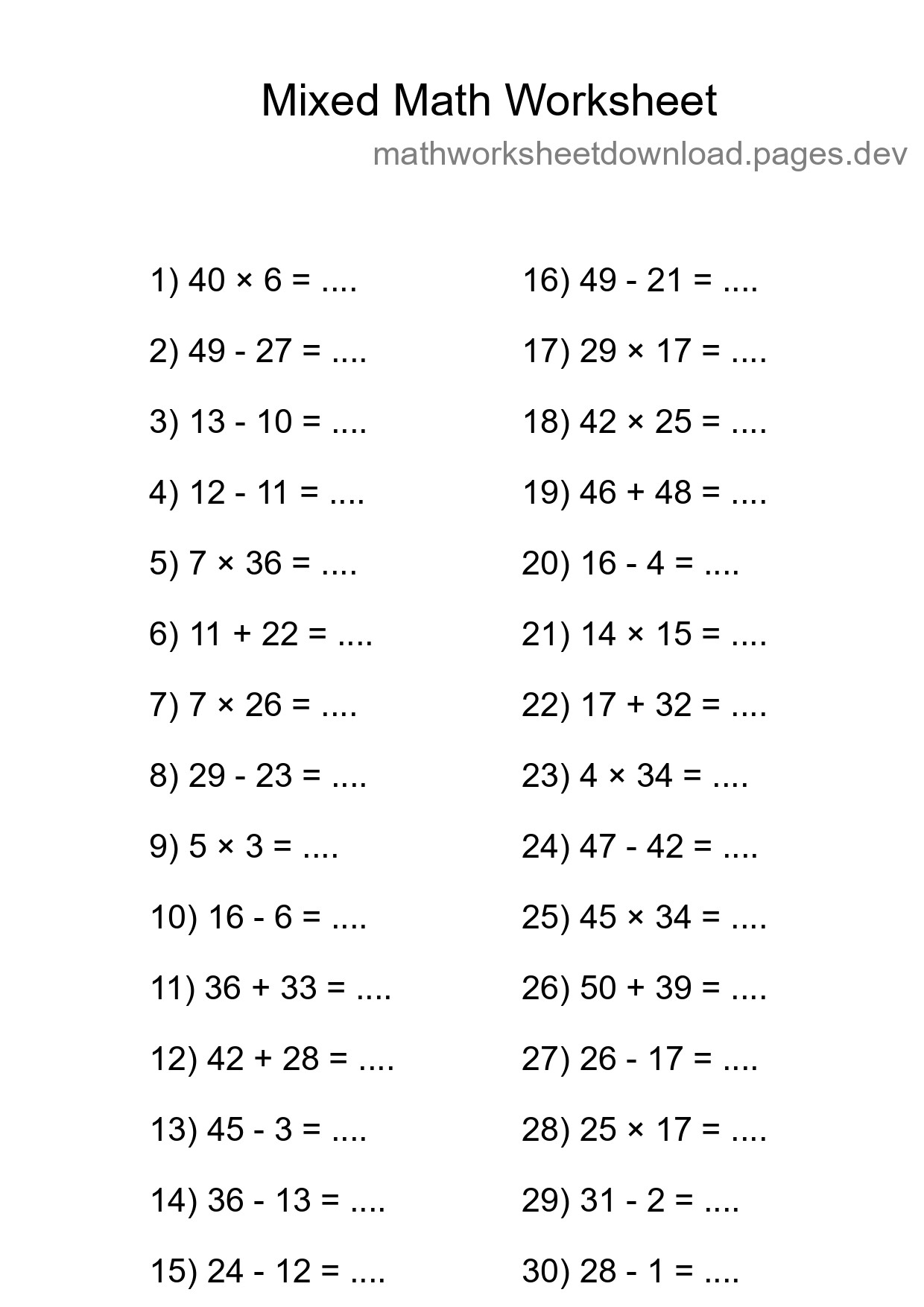 Mixed Operations Math Worksheet