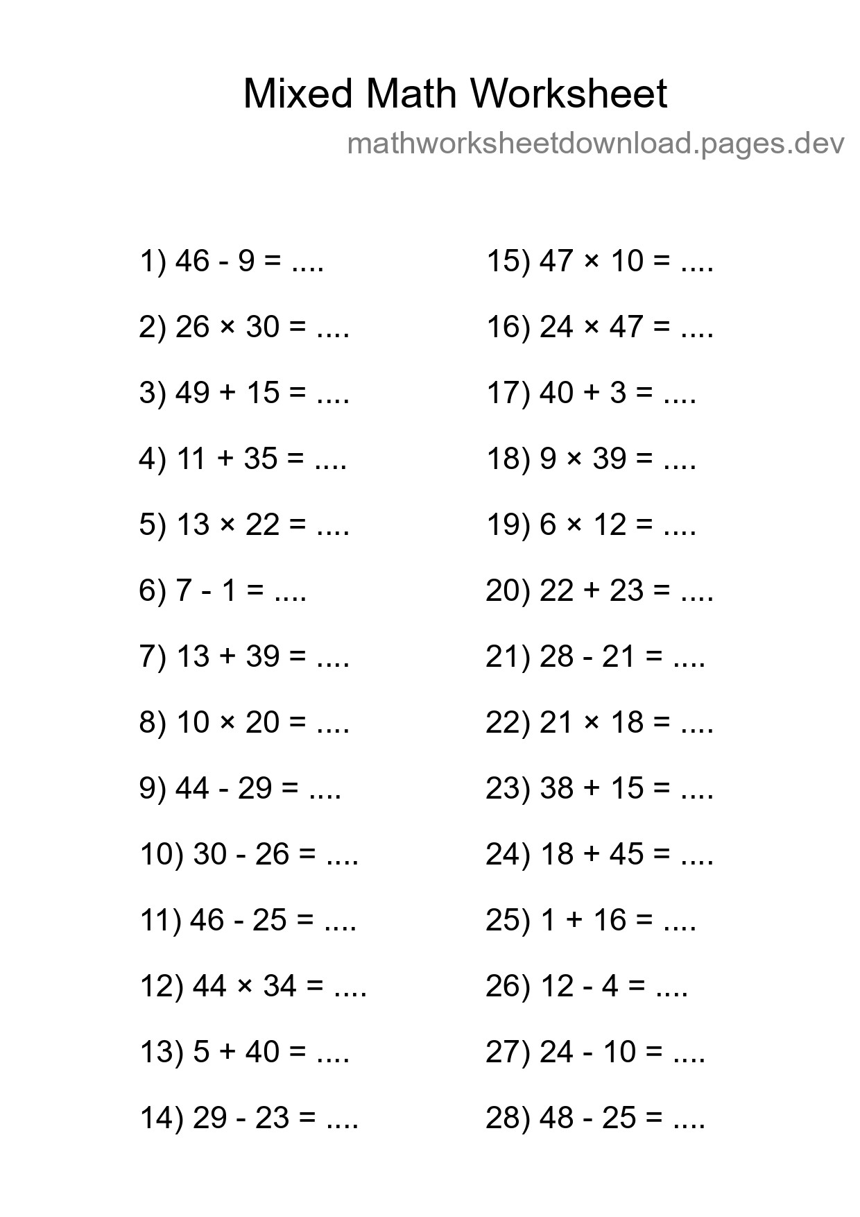 Mixed Operations Math Worksheet