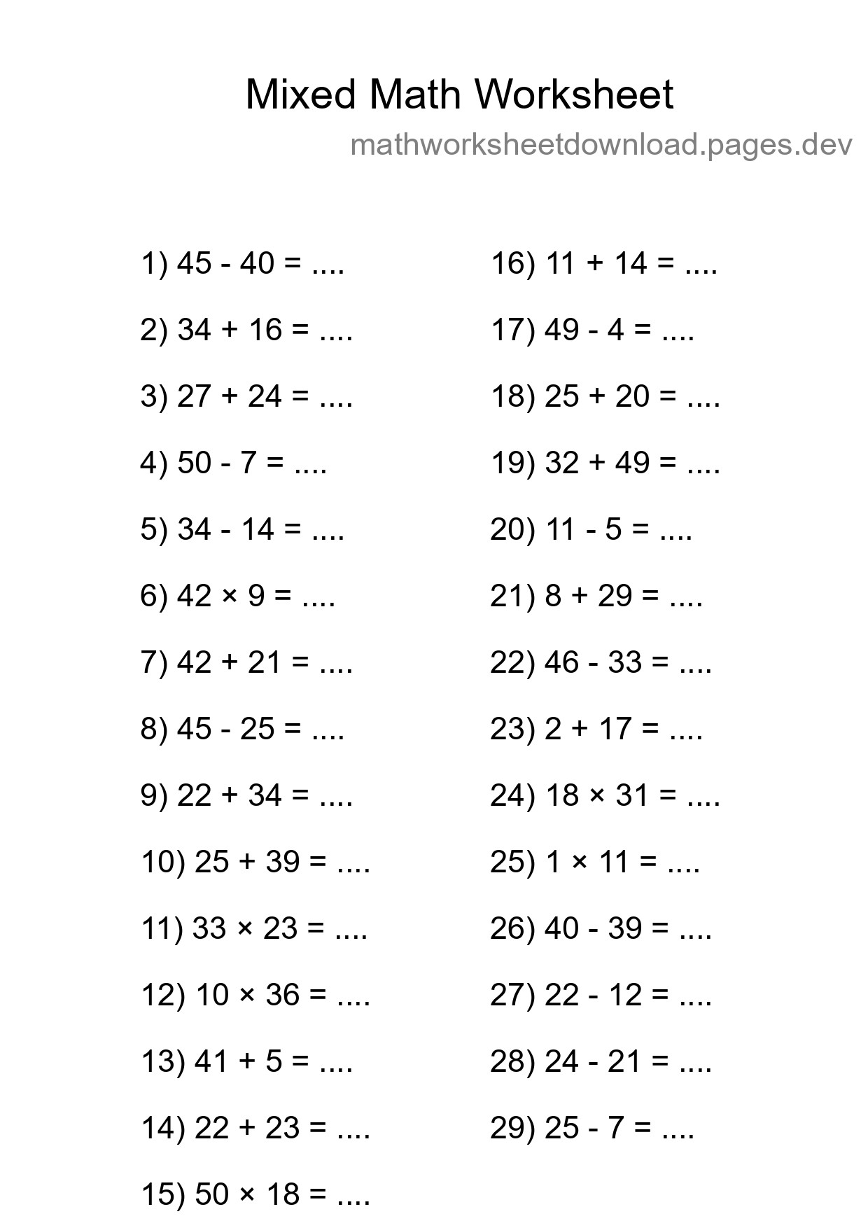 Mixed Operations Math Worksheet