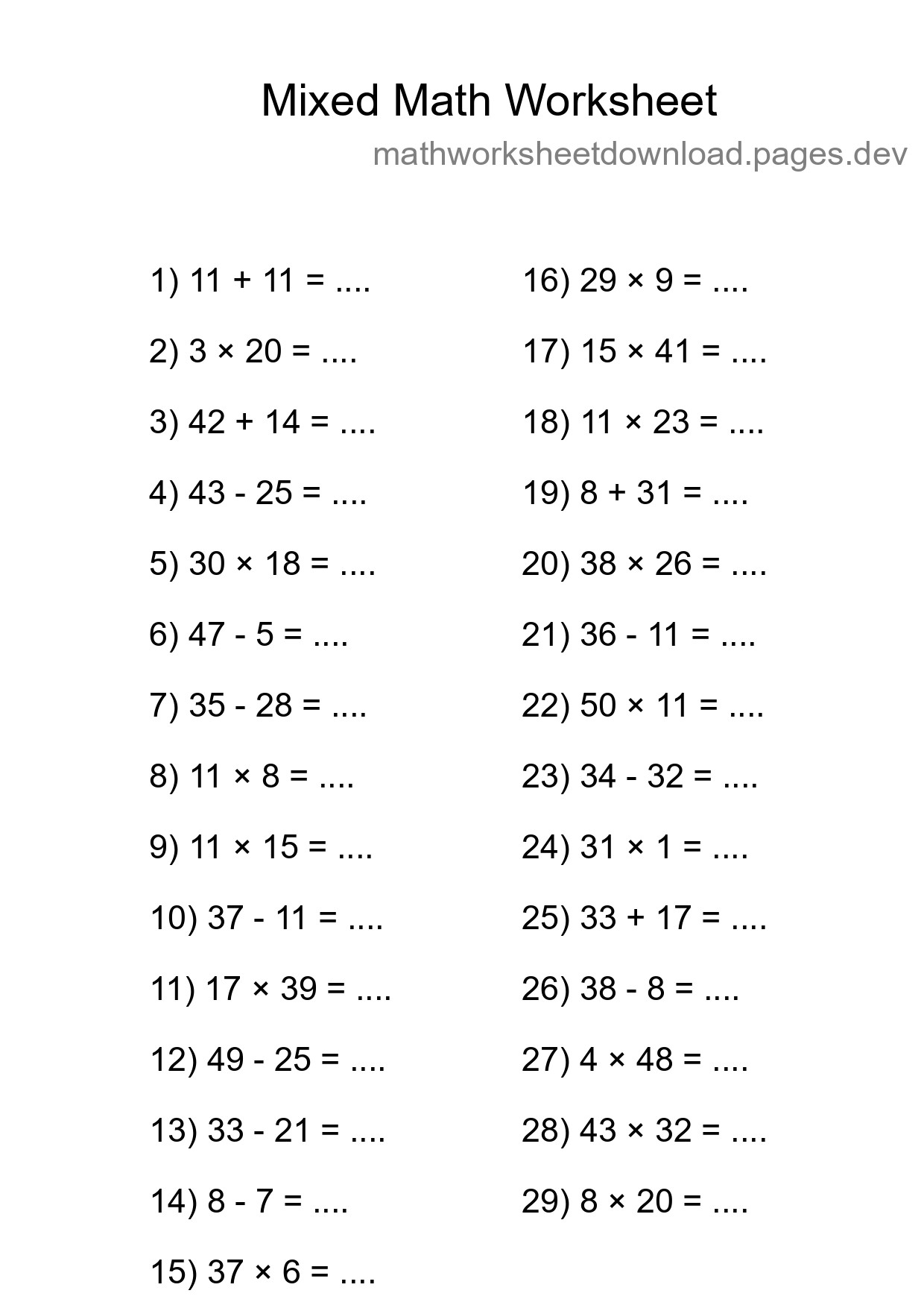Mixed Operations Math Worksheet