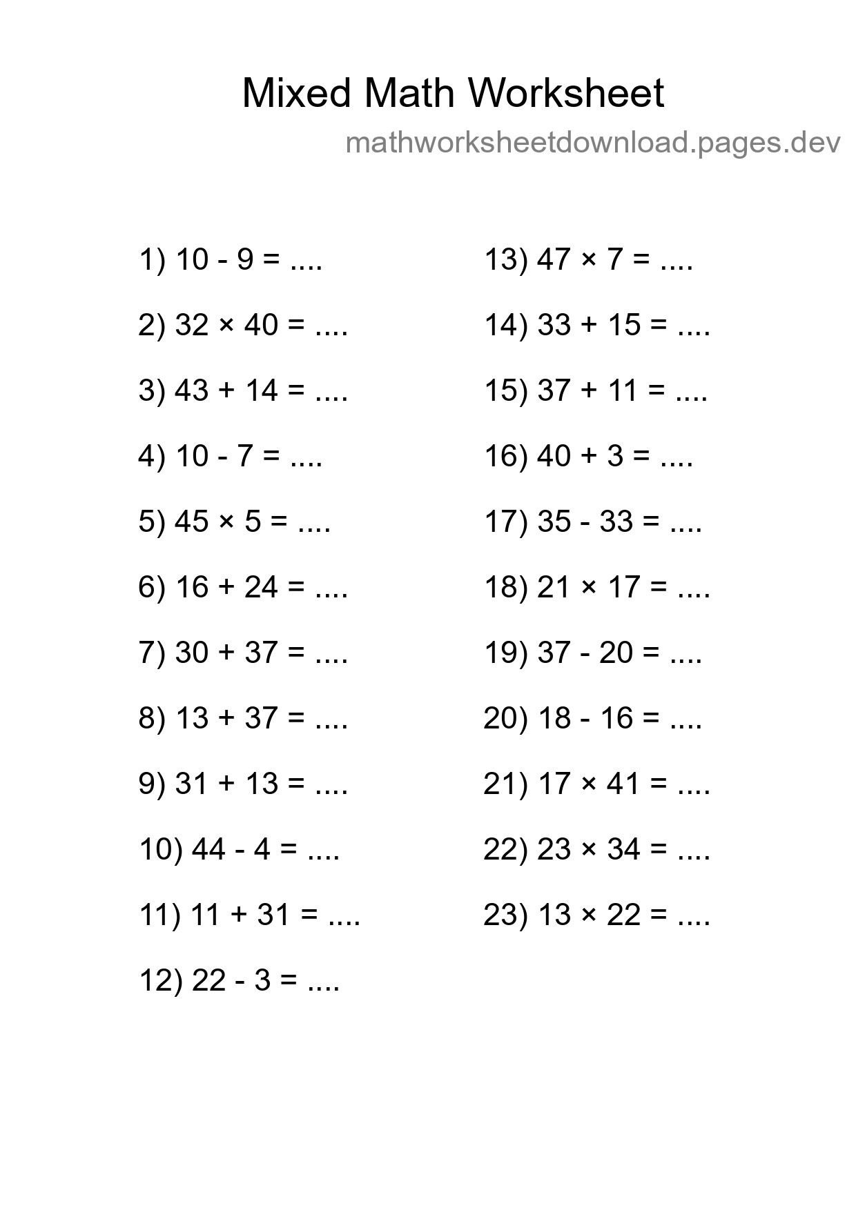 Mixed Operations Math Worksheet