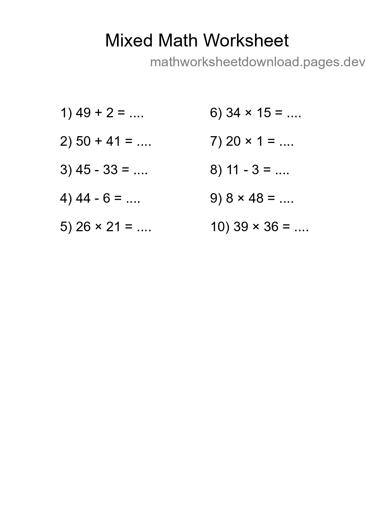 Mixed Operations Math Worksheet