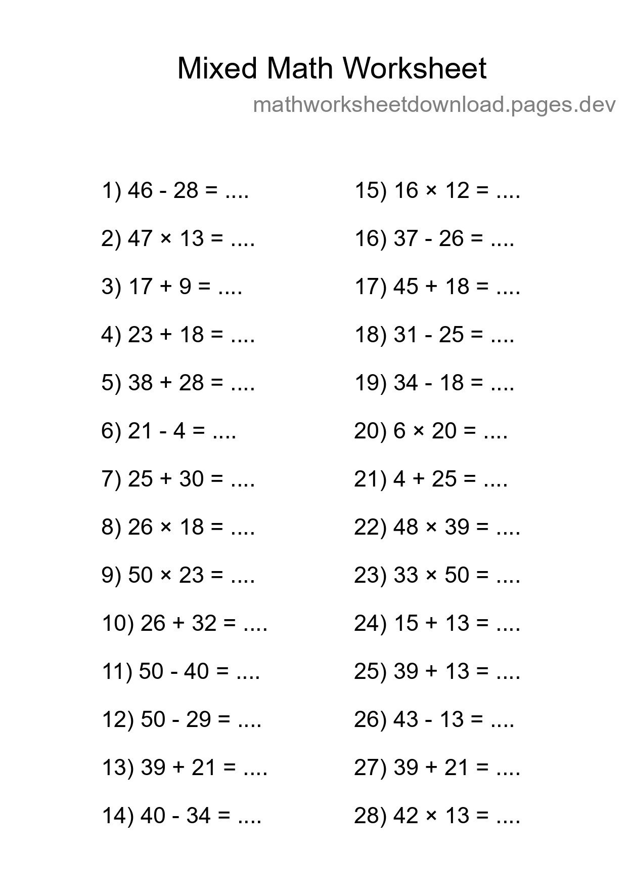 Mixed Operations Math Worksheet