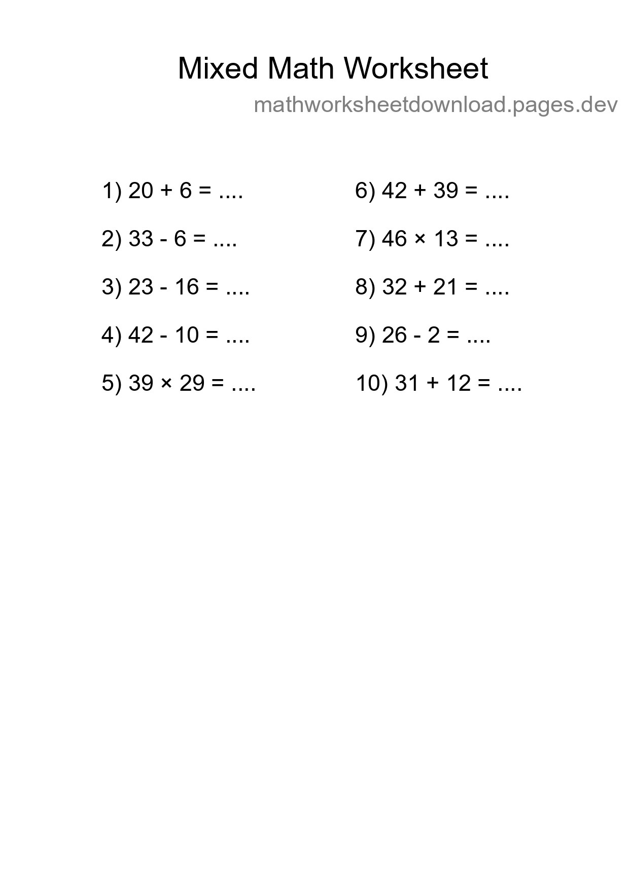 Mixed Operations Math Worksheet