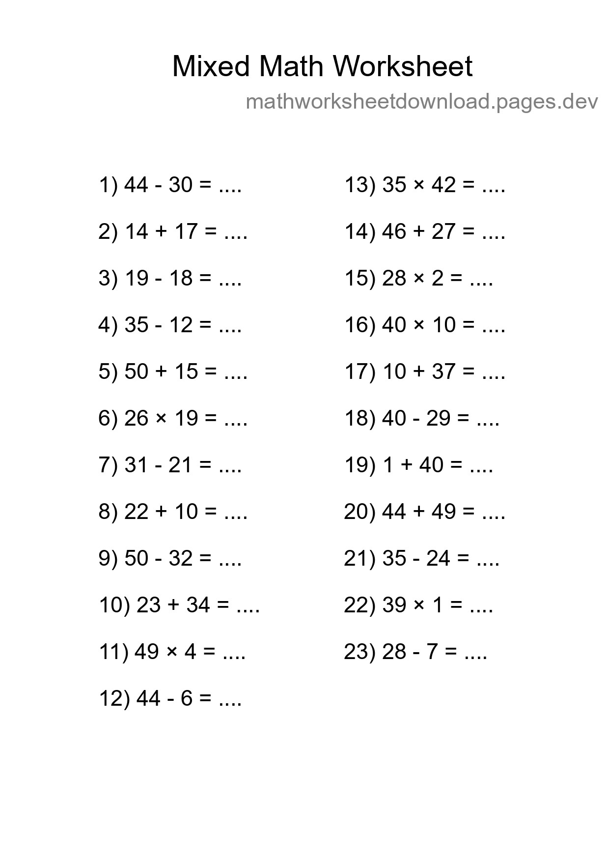 Mixed Operations Math Worksheet