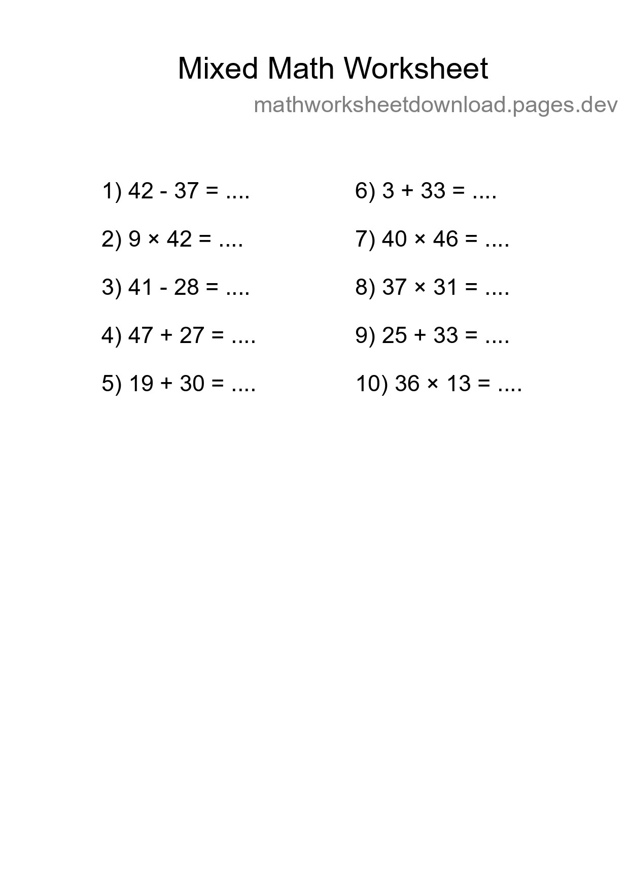 Mixed Operations Math Worksheet