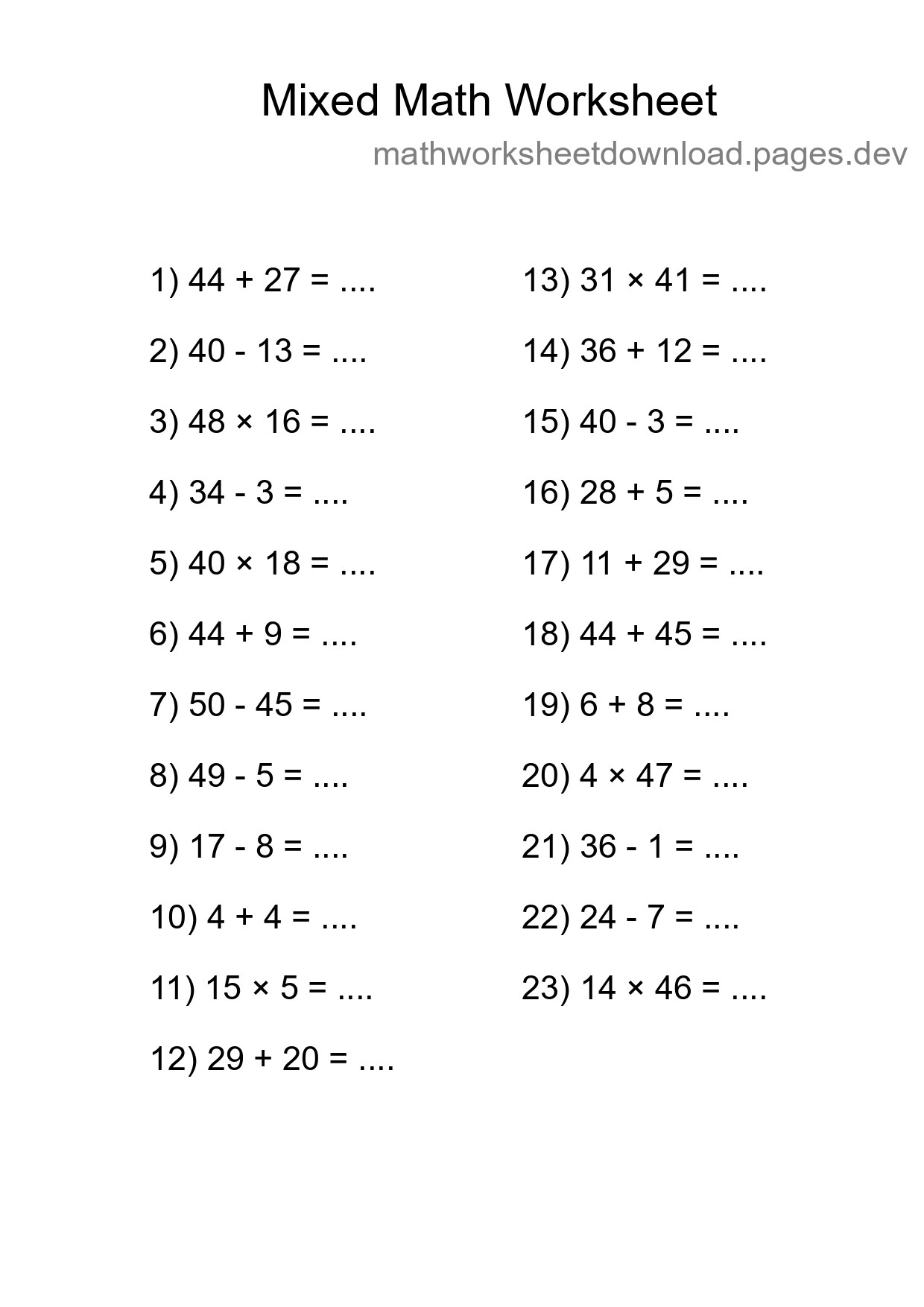 Mixed Operations Math Worksheet