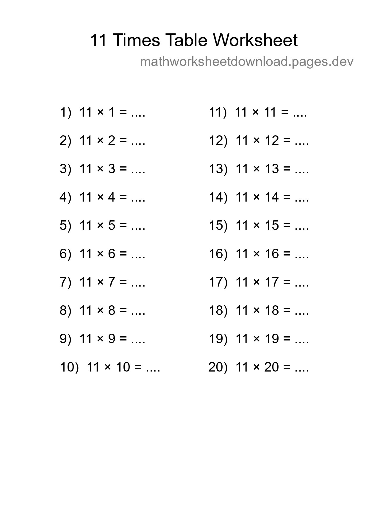 Printable 11 Times Table Worksheet For Grade 4 - Part 269