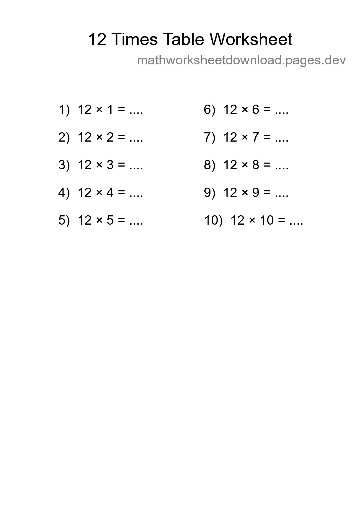 Printable 12 Times Table Worksheet For Grade 4 - Part 249