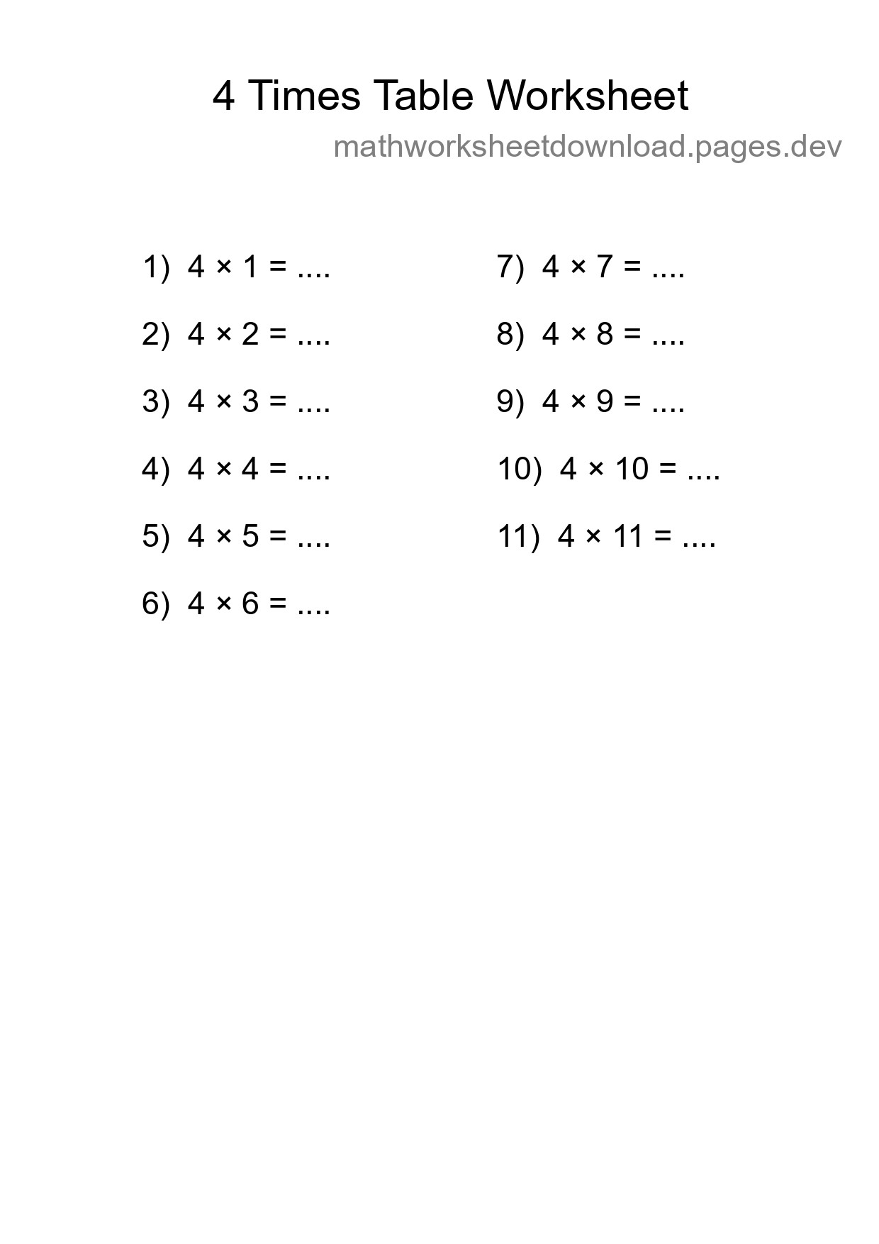 Printable 4 Times Table Worksheet For Grade 2 - Part 169