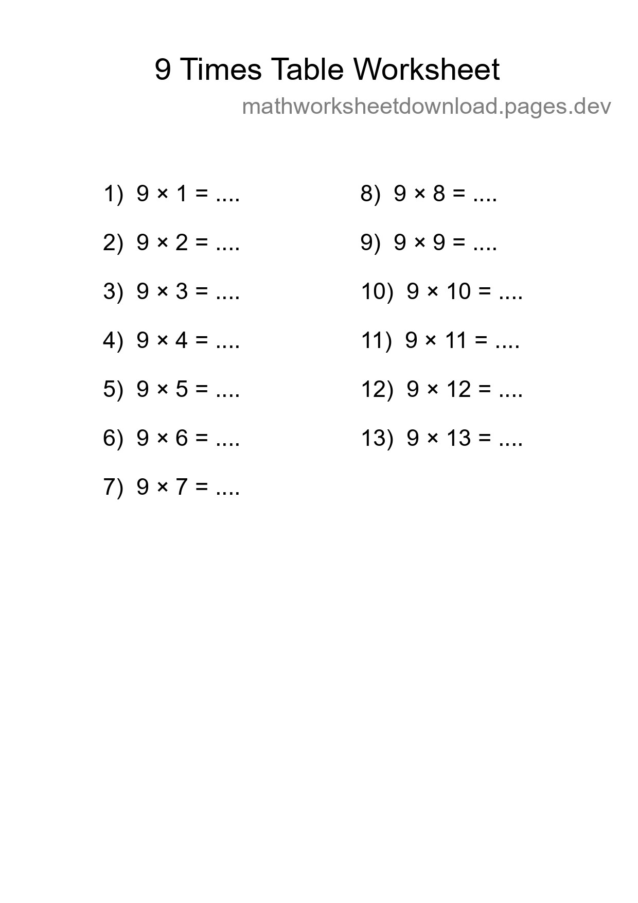 Printable 9 Times Table Worksheet For Grade 3 - Part 209