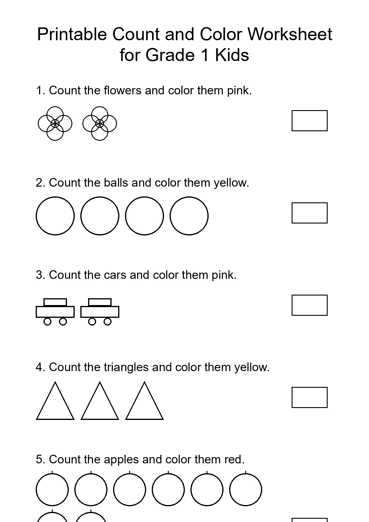Printable Count and Color Worksheet for Grade 1 Kids