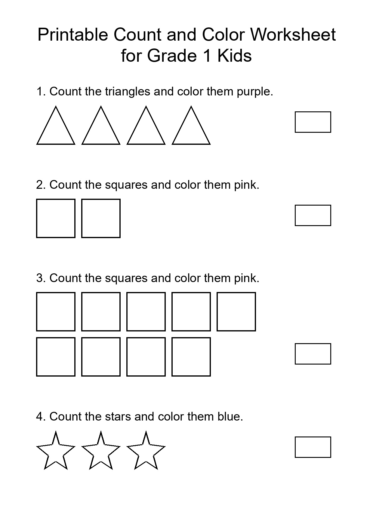 Printable Count and Color Worksheet for Grade 1 Kids