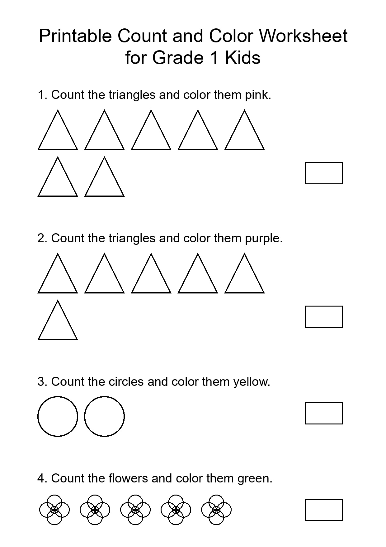 Printable Count and Color Worksheet for Grade 1 Kids