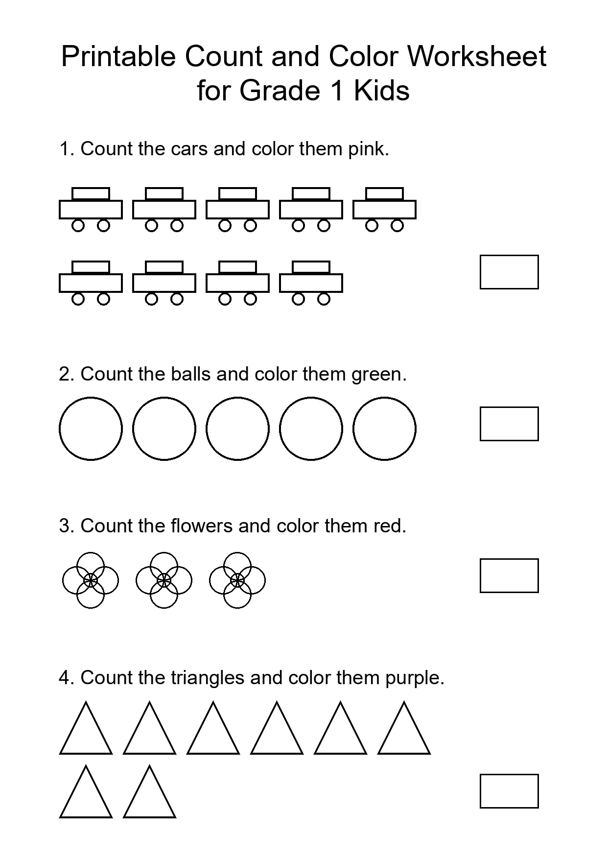 Printable Count and Color Worksheet for Grade 1 Kids