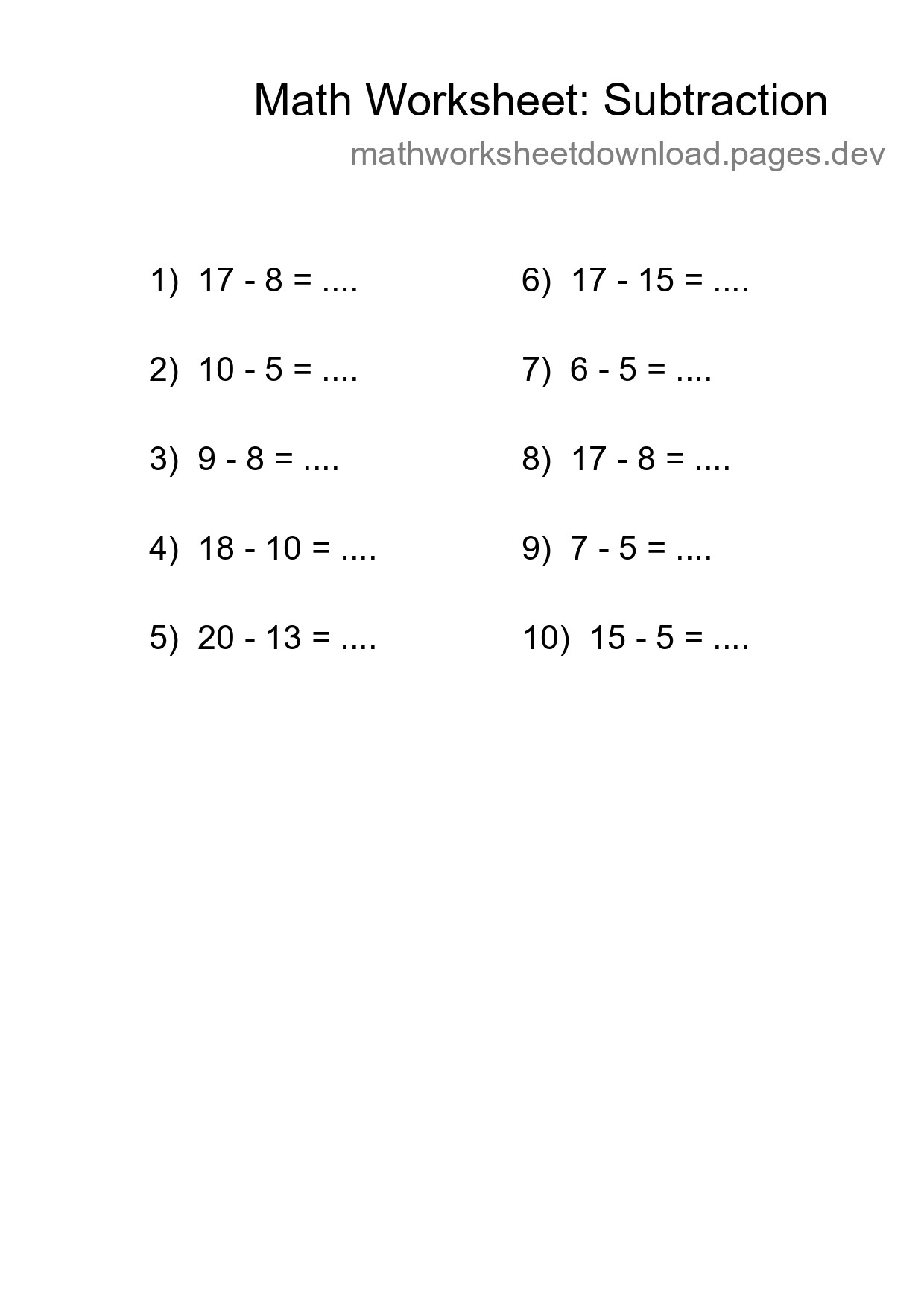Printable Free 10 Subtraction Math Worksheet For Grade 2 - Part 158