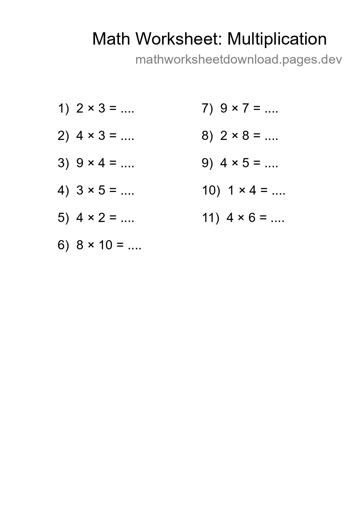 Printable Free 11 Multiplication Math Worksheet For Grade 1 - Part 97