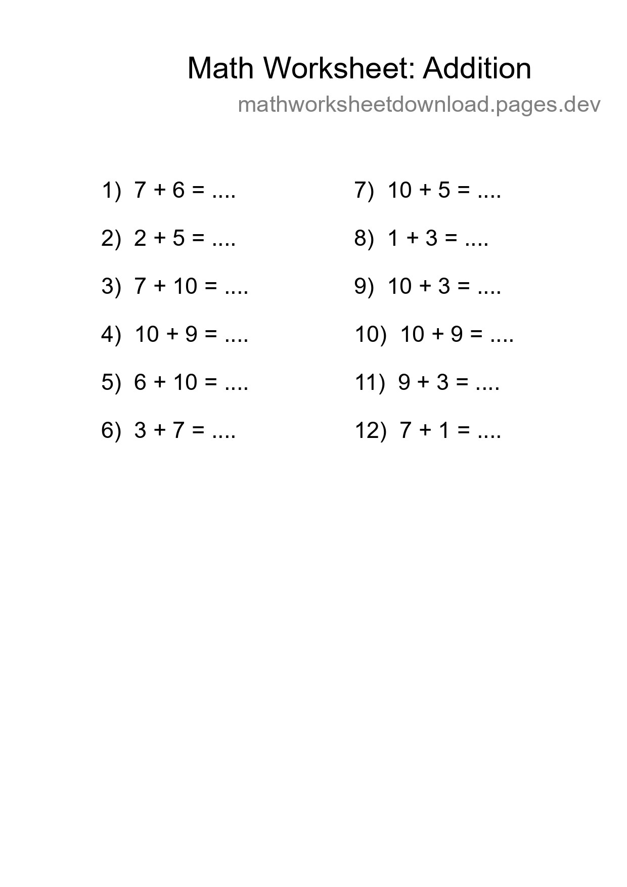 Printable Free 12 Addition Math Worksheet For Grade 1 - Part 101