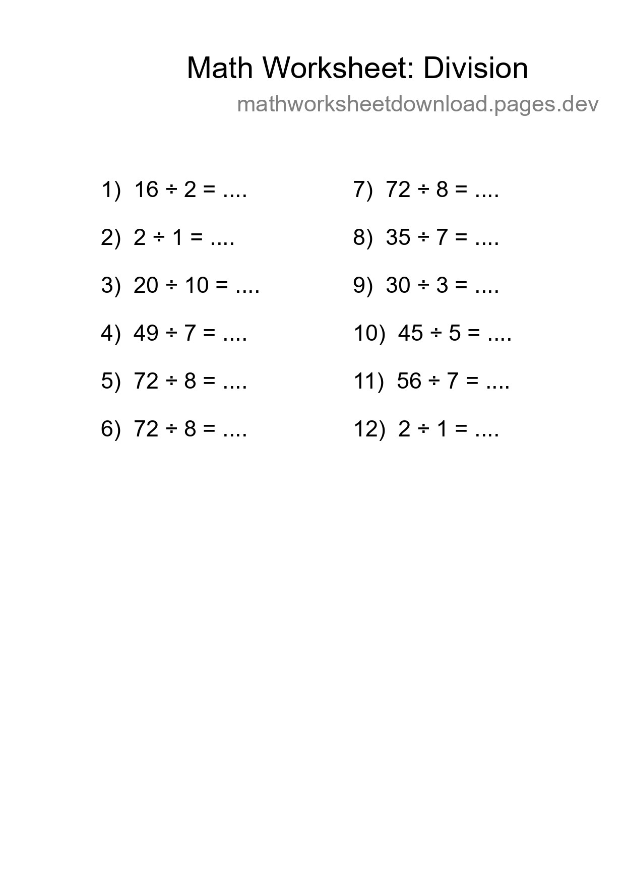 Printable Free 12 Division Math Worksheet For Grade 1 - Part 44