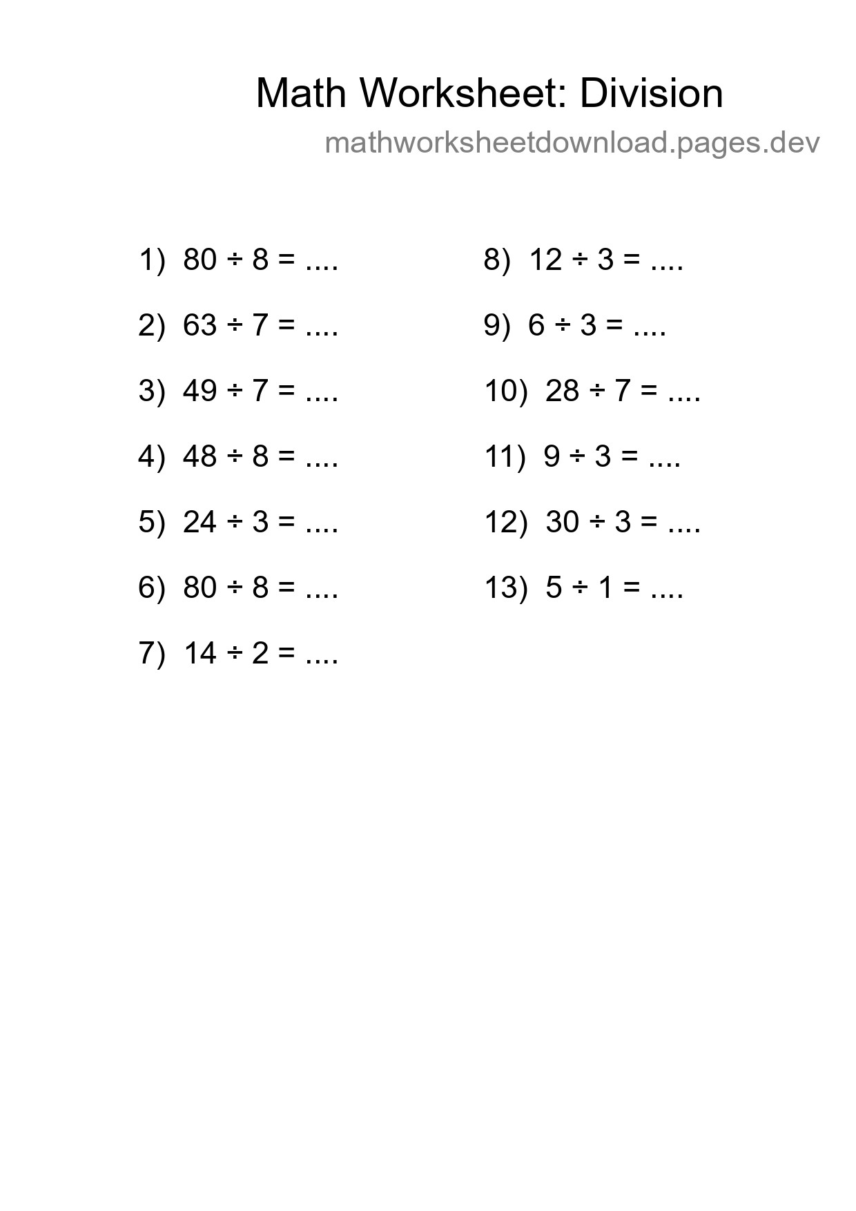 Printable Free 13 Division Math Worksheet For Grade 1 - Part 34