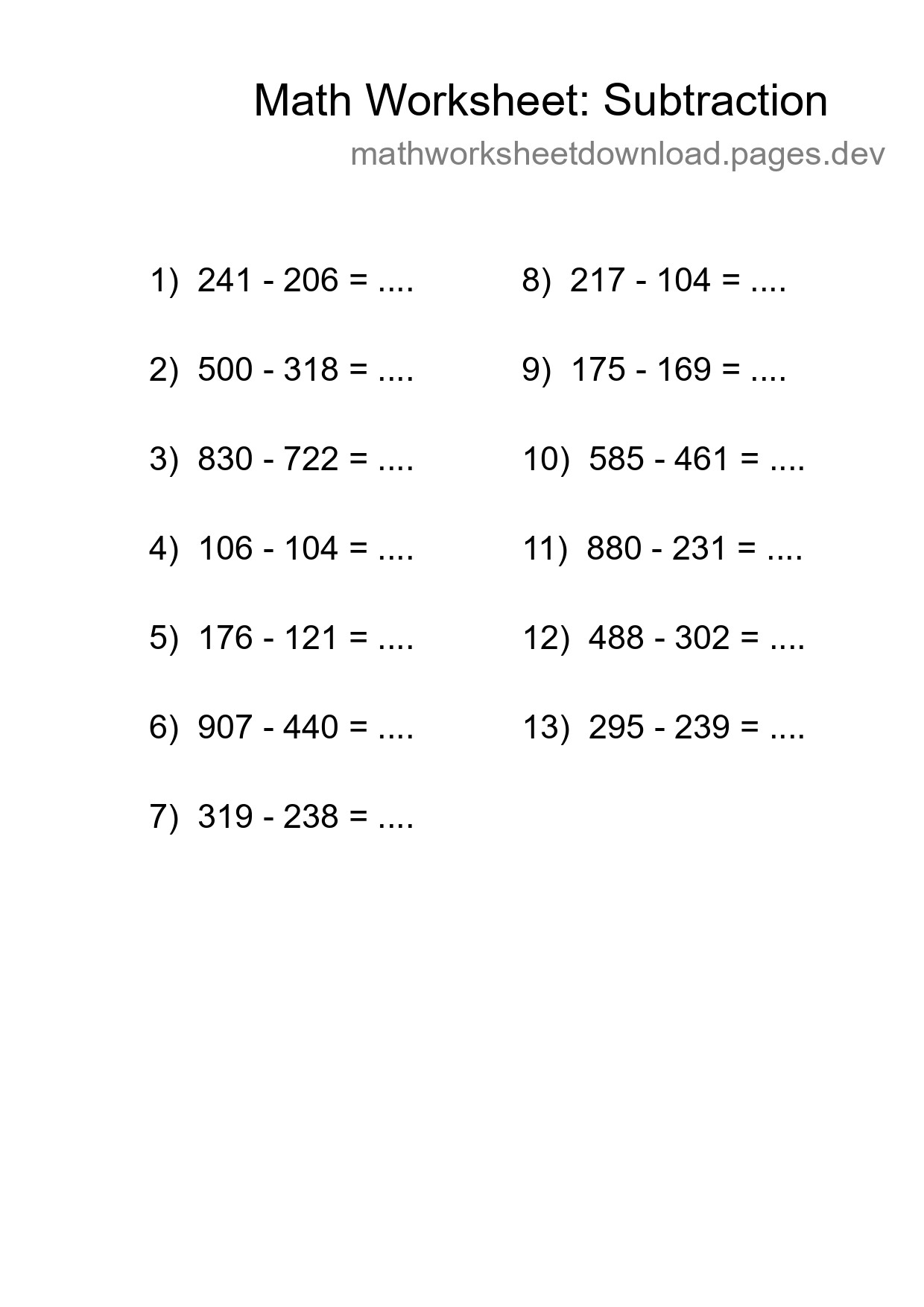 Printable Free 13 Subtraction Math Worksheet For Grade 5 - Part 118