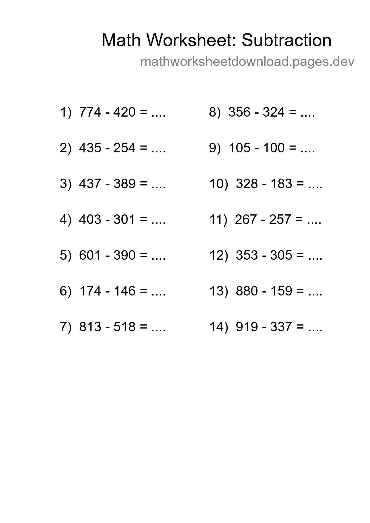 Printable Free 14 Subtraction Math Worksheet For Grade 5 - Part 198