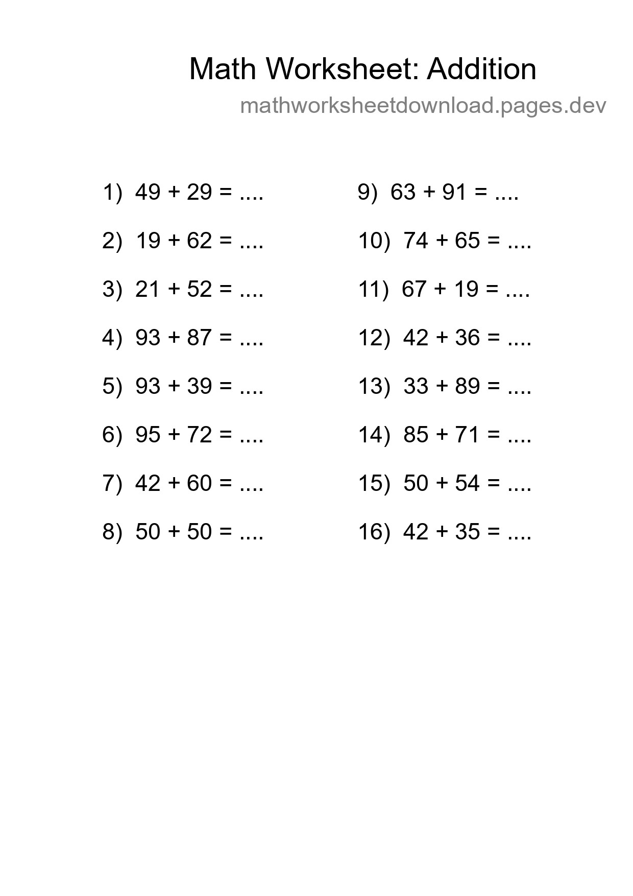 Printable Free 16 Addition Math Worksheet For Grade 3 - Part 91