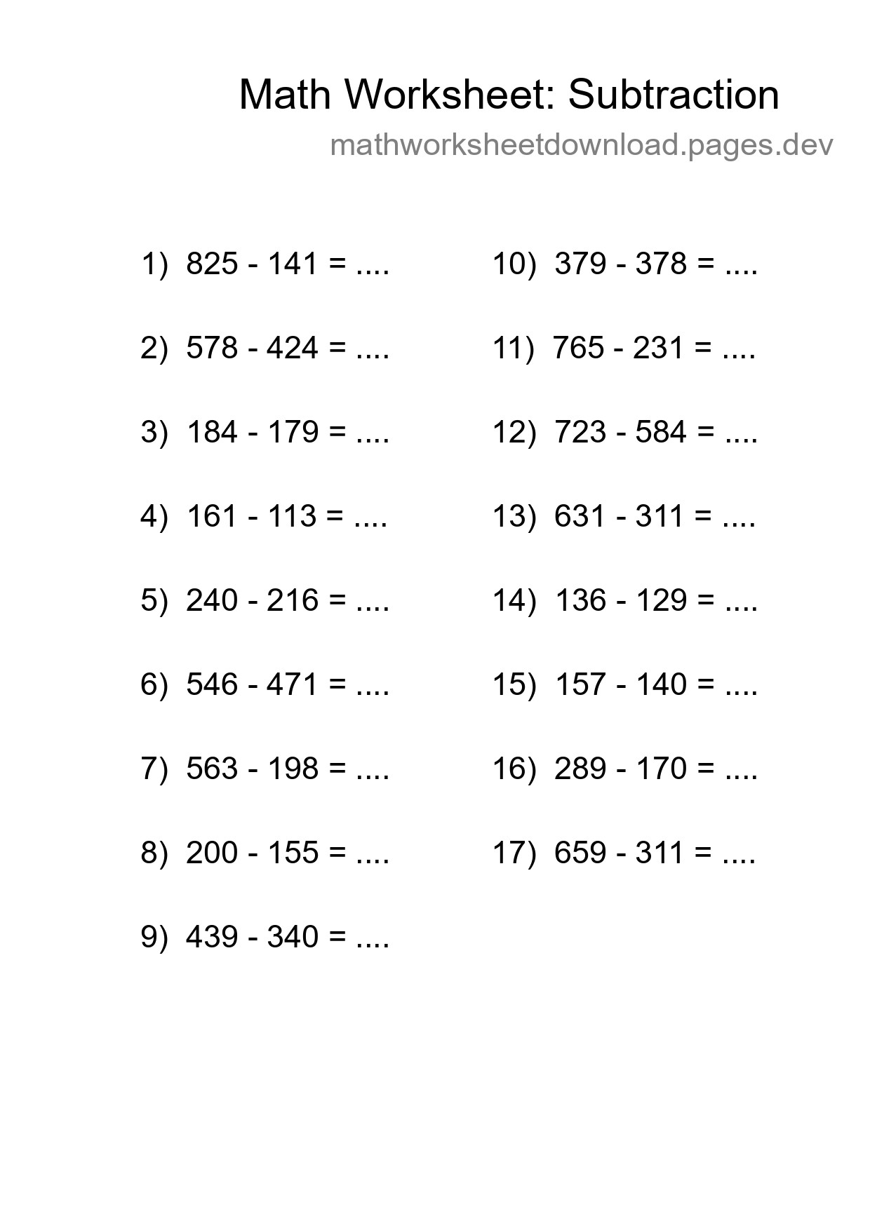 Printable Free 17 Subtraction Math Worksheet For Grade 5 - Part 28