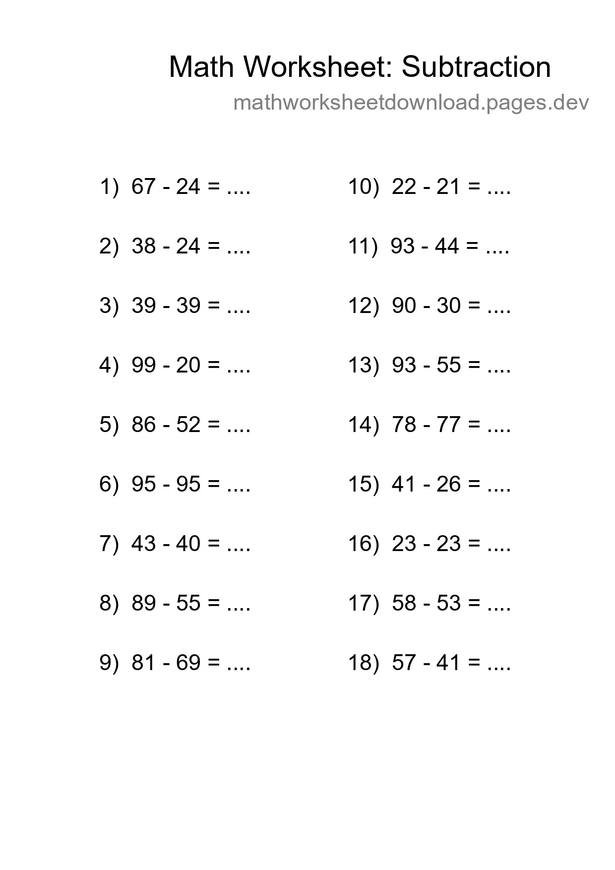 Printable Free 18 Subtraction Math Worksheet For Grade 3 - Part 228