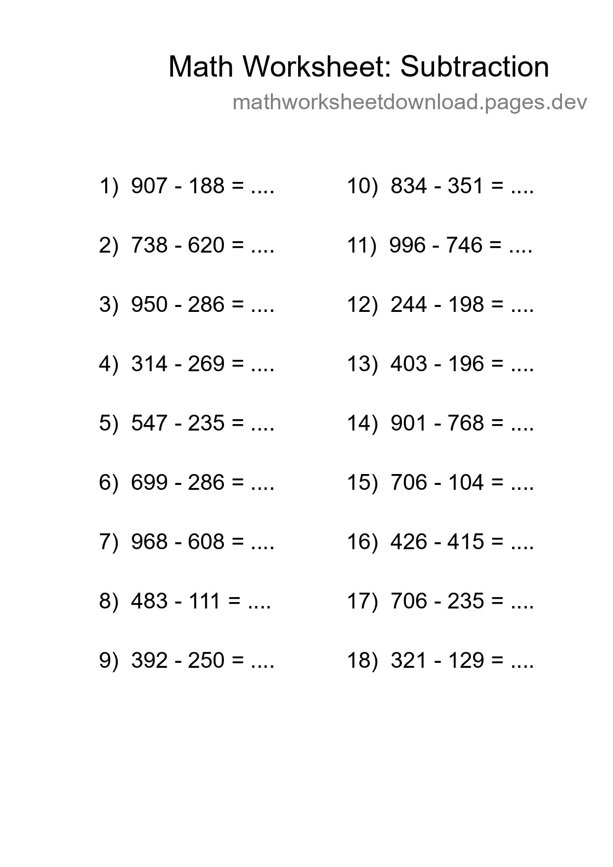 Printable Free 18 Subtraction Math Worksheet For Grade 5 - Part 38