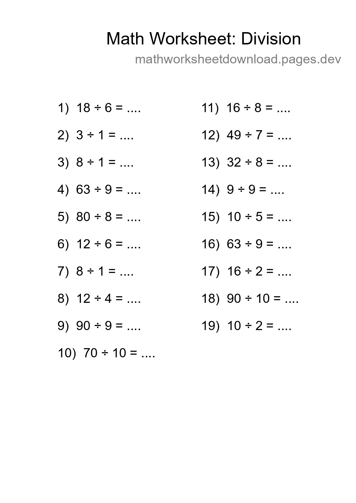 Printable Free 19 Division Math Worksheet For Grade 1 - Part 194