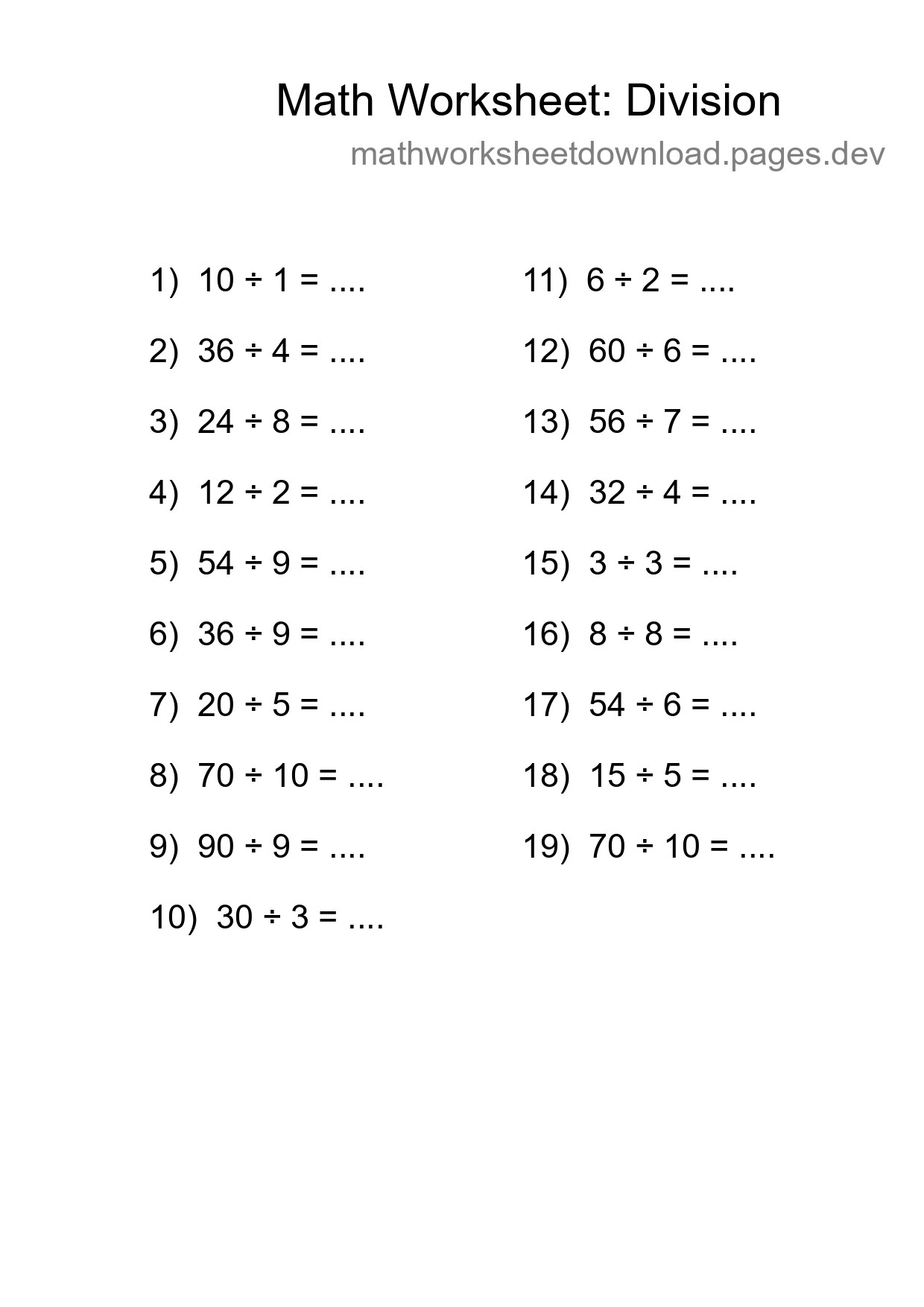 Printable Free 19 Division Math Worksheet For Grade 1 - Part 204
