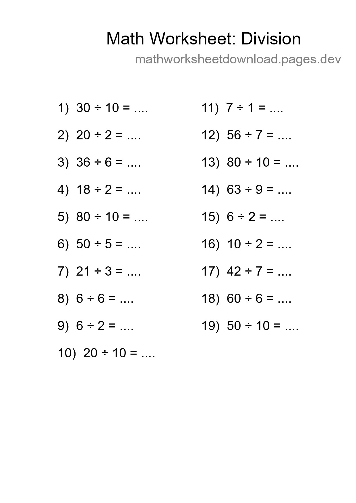 Printable Free 19 Division Math Worksheet For Grade 1 - Part 244