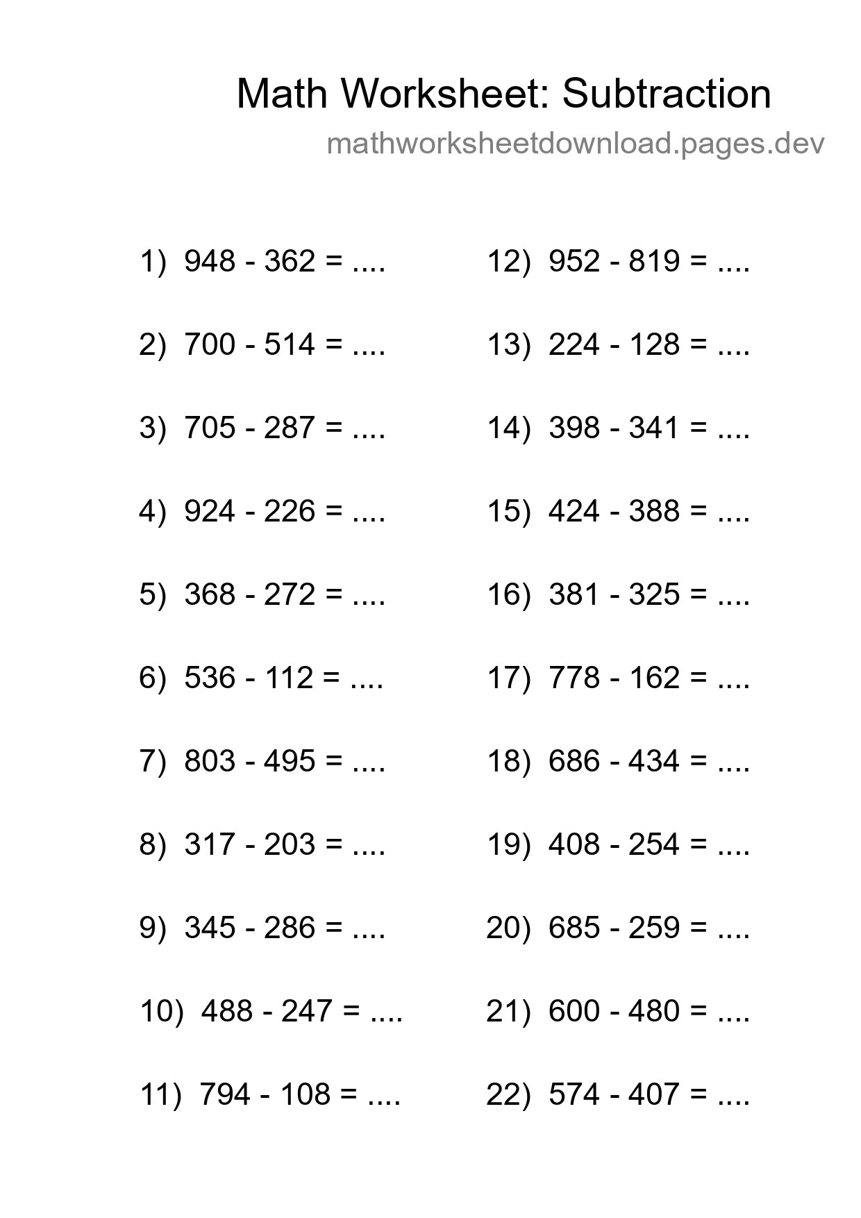 Printable Free 22 Subtraction Math Worksheet For Grade 5 - Part 18