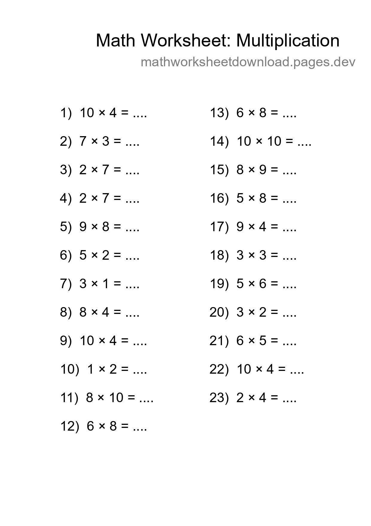 Printable Free 23 Multiplication Math Worksheet For Grade 1 - Part 257